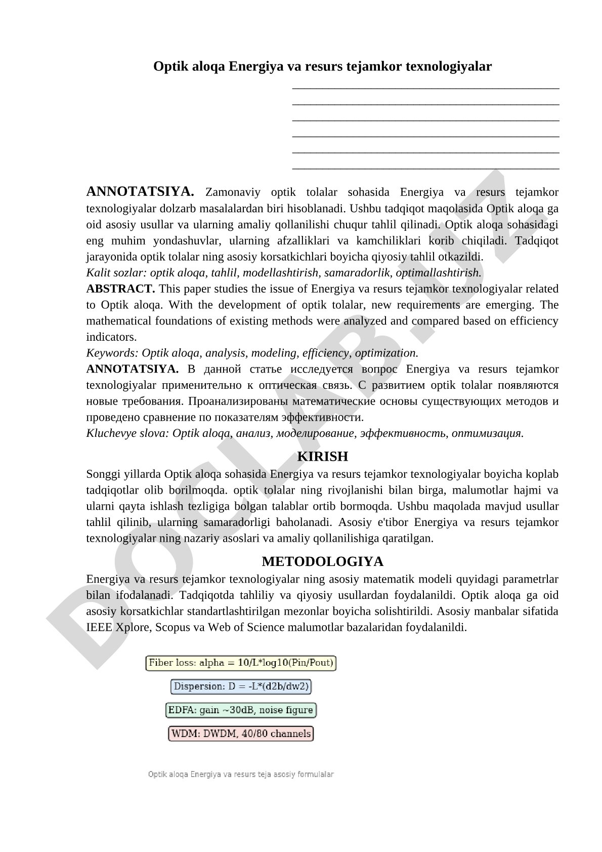 Optik aloqa energiya va resurs tejamkor texnologiyalar