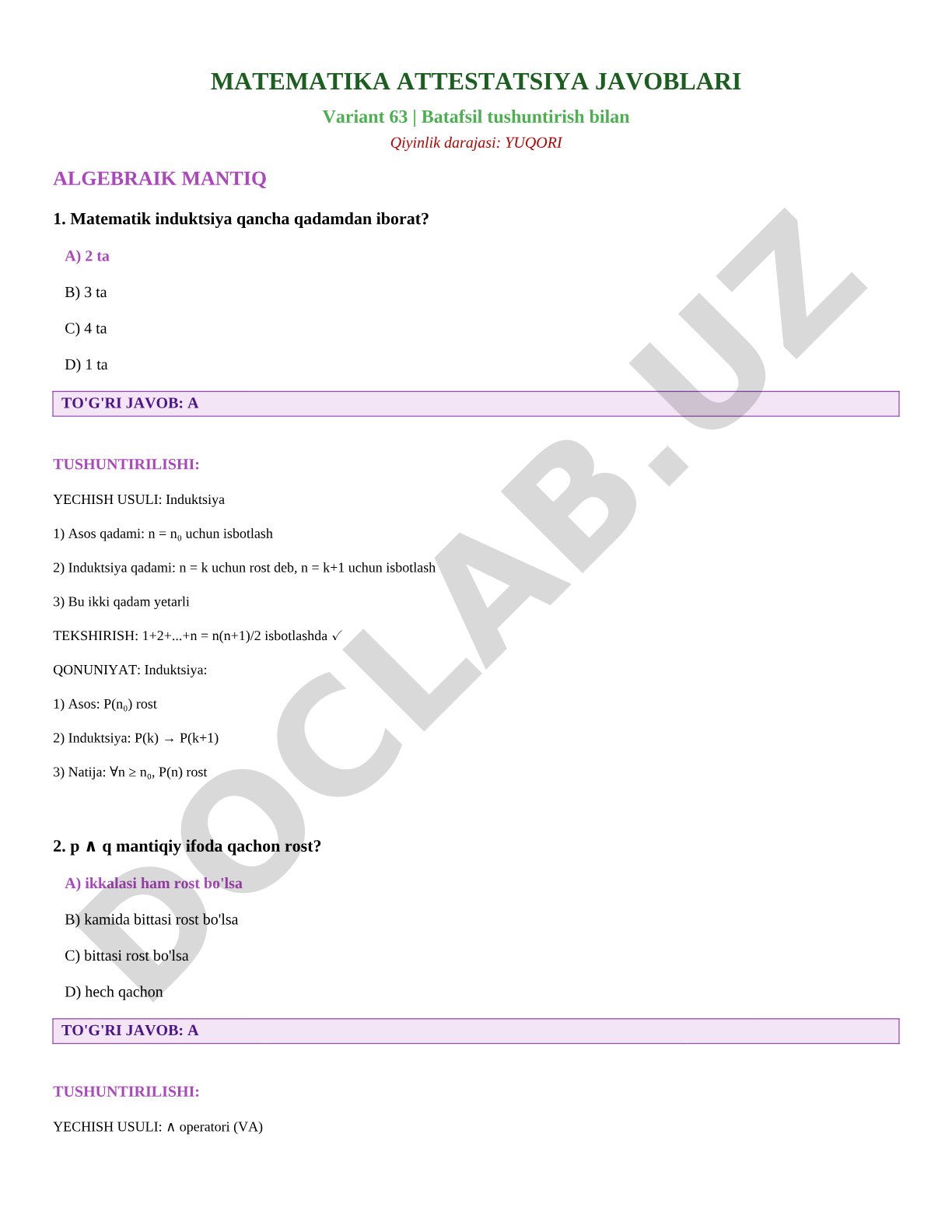 Matematika attestatsiya javoblari