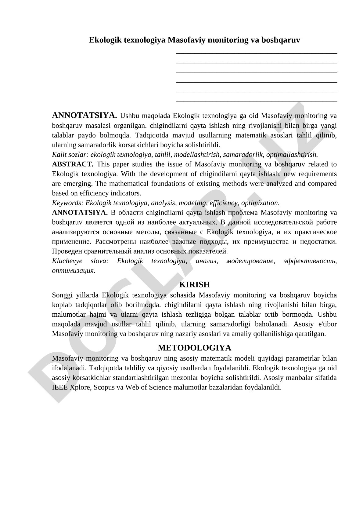 Ekologik texnologiyada masofaviy monitoring va boshqaruv