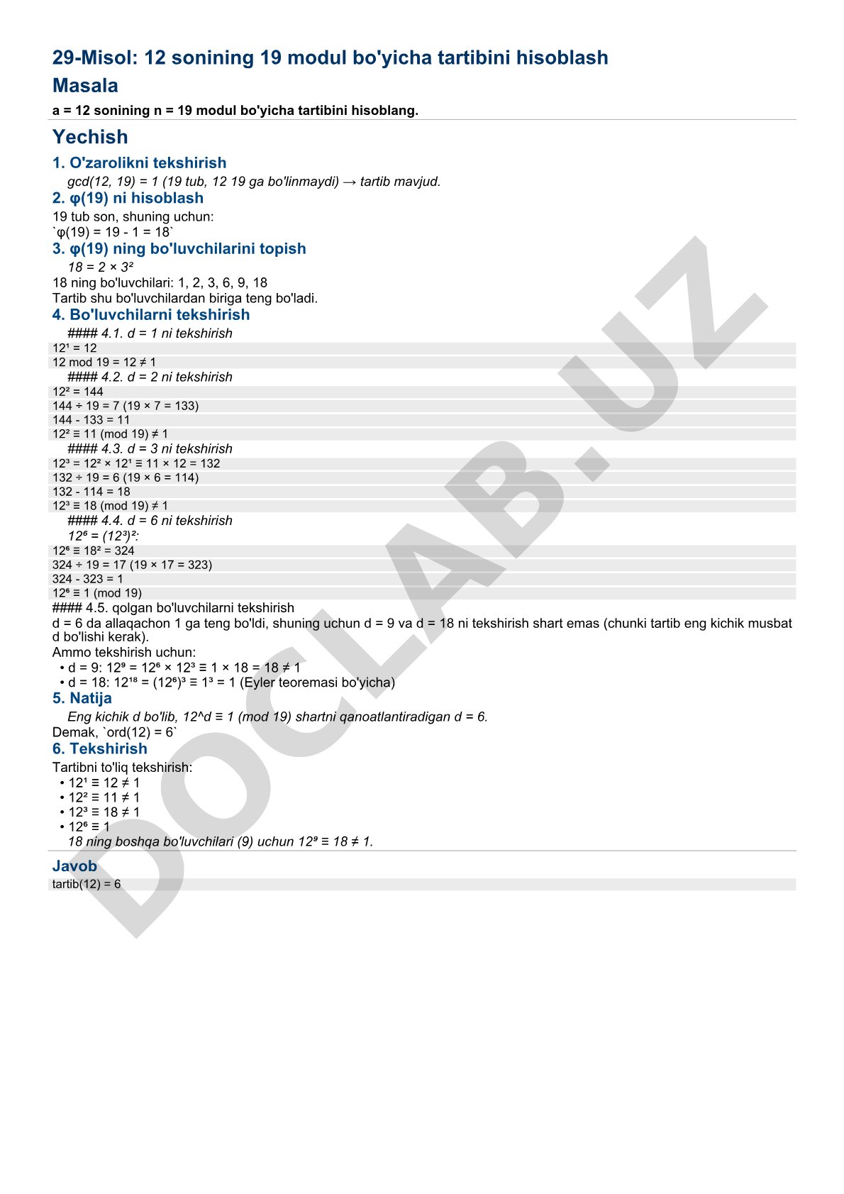 12 sonining 19 modul bo'yicha tartibini hisoblash