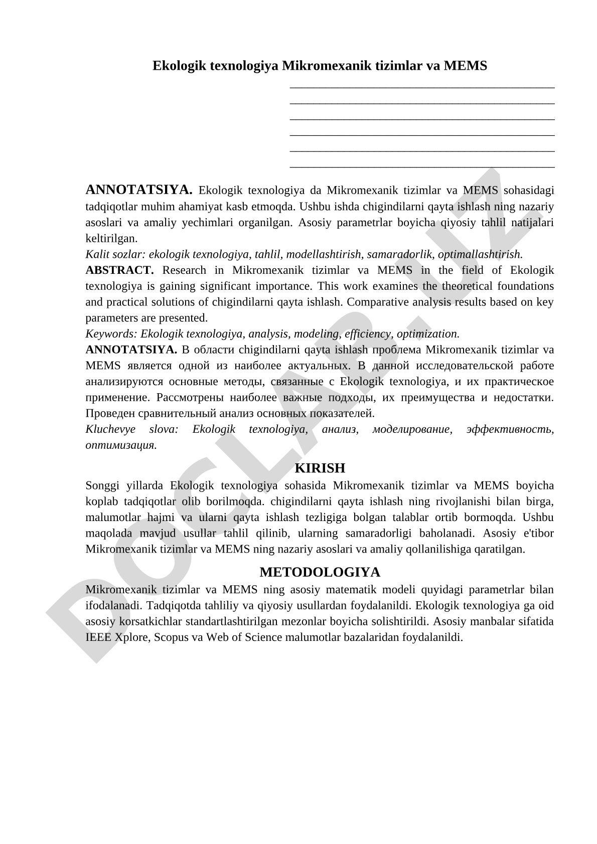 Ekologik texnologiya Mikromexanik tizimlar va MEMS