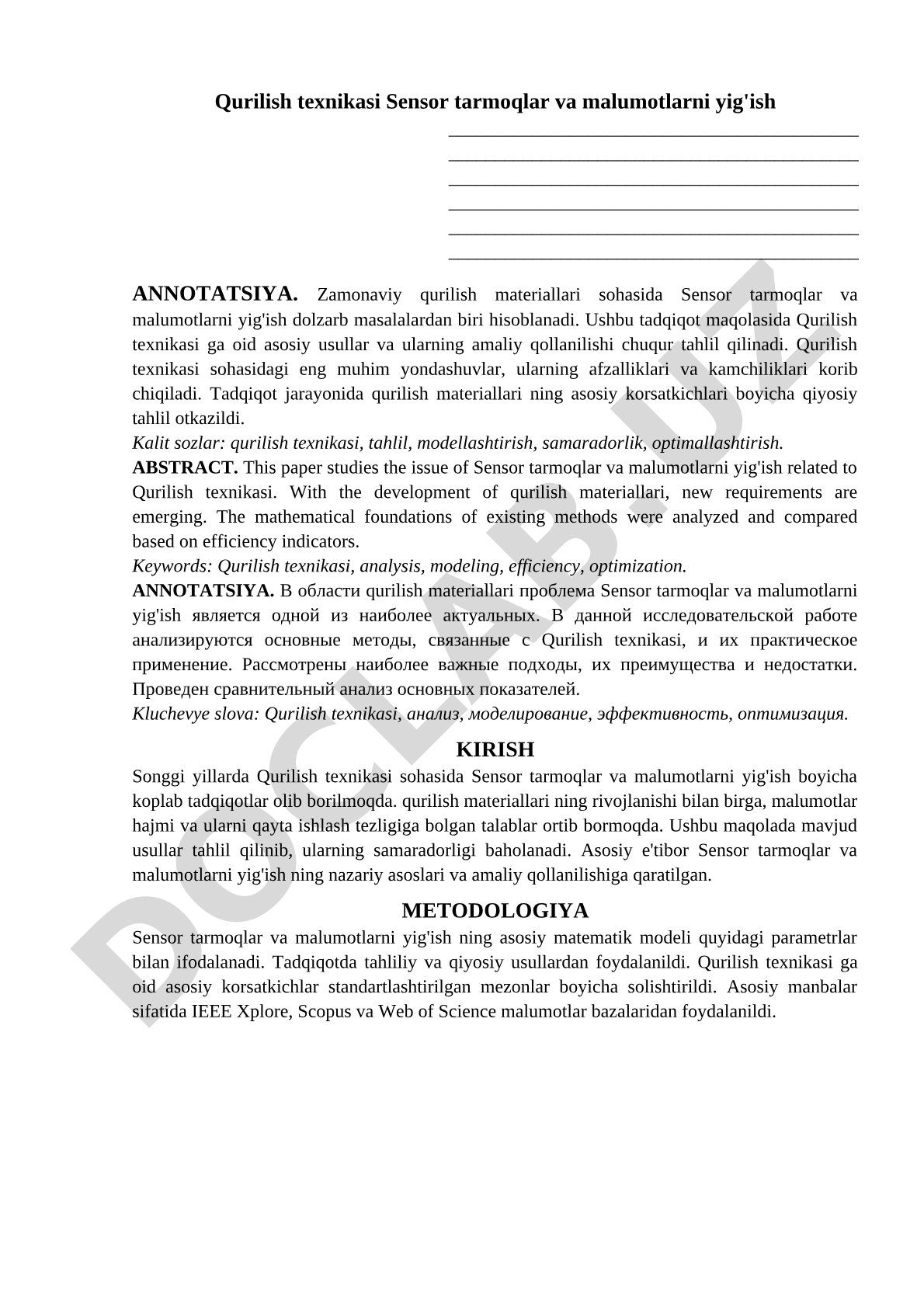 Qurilish texnikasi sensor tarmoqlar va ma'lumotlarni yig'ish