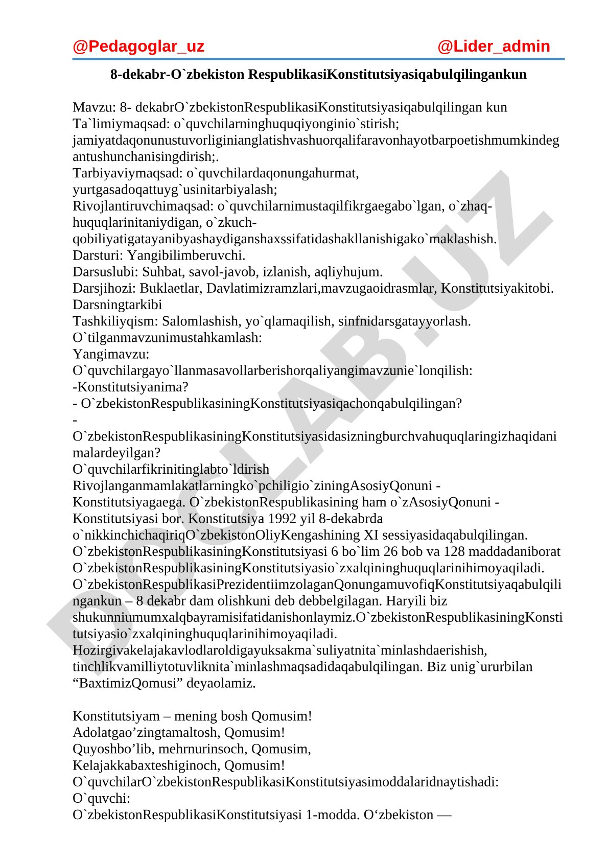 8-dekabr - O'zbekiston Respublikasi Konstitutsiyasi qabul qilingan kun