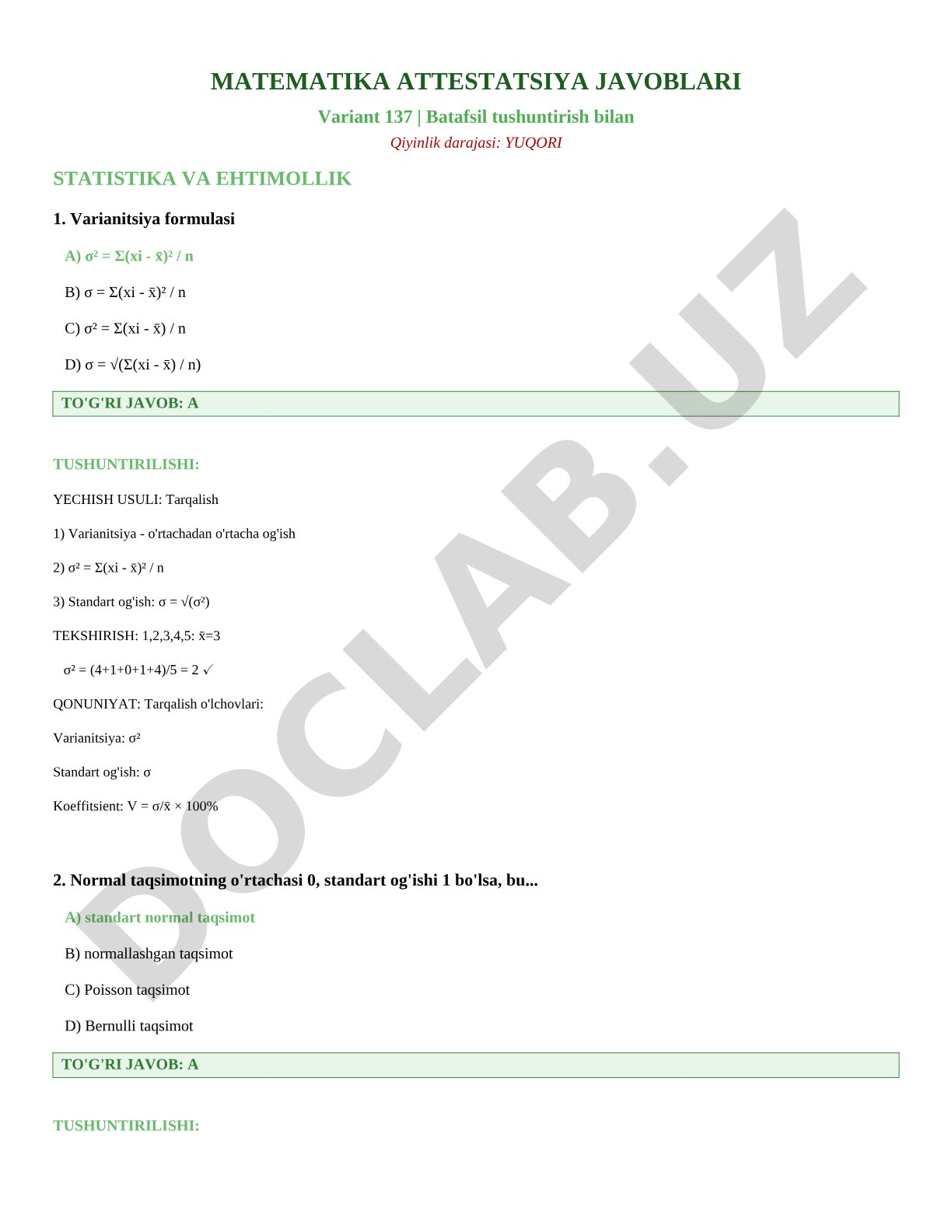 Matematika attestatsiya variant 137 statistik va ehtimollik masalalari