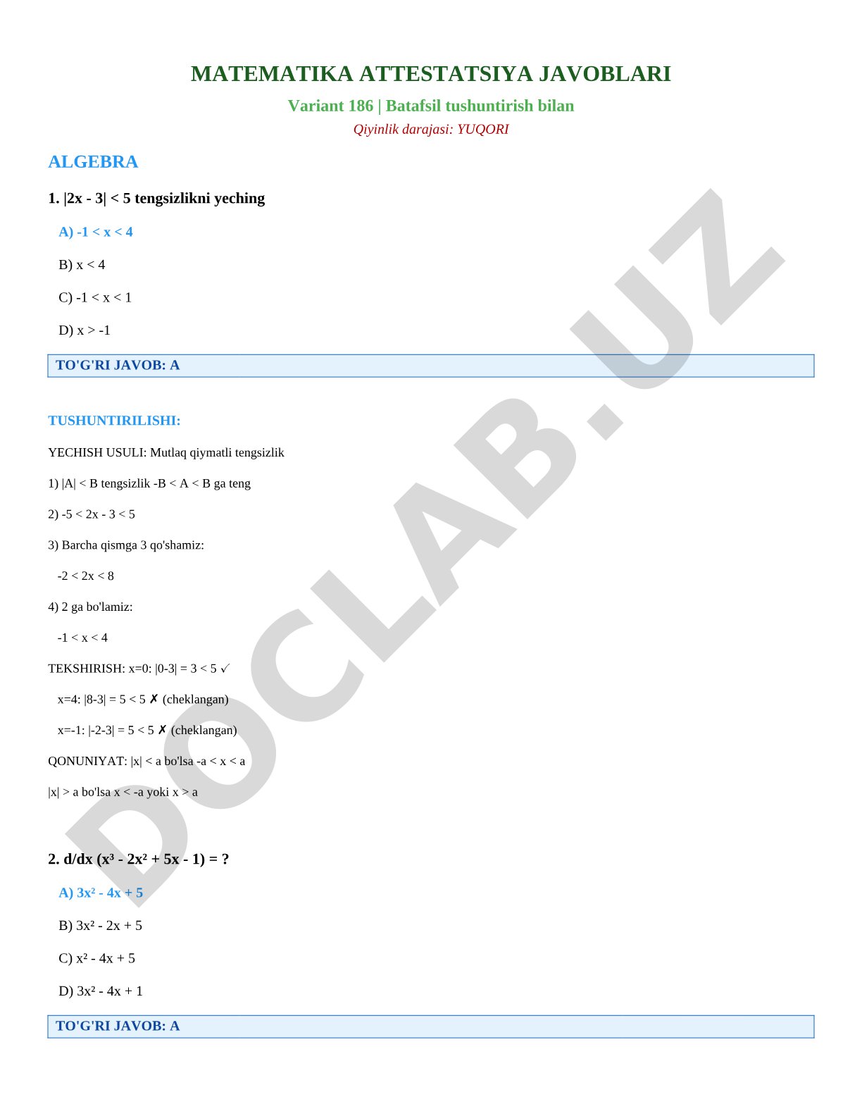 Matematika attestatsiya javoblari Variant 186