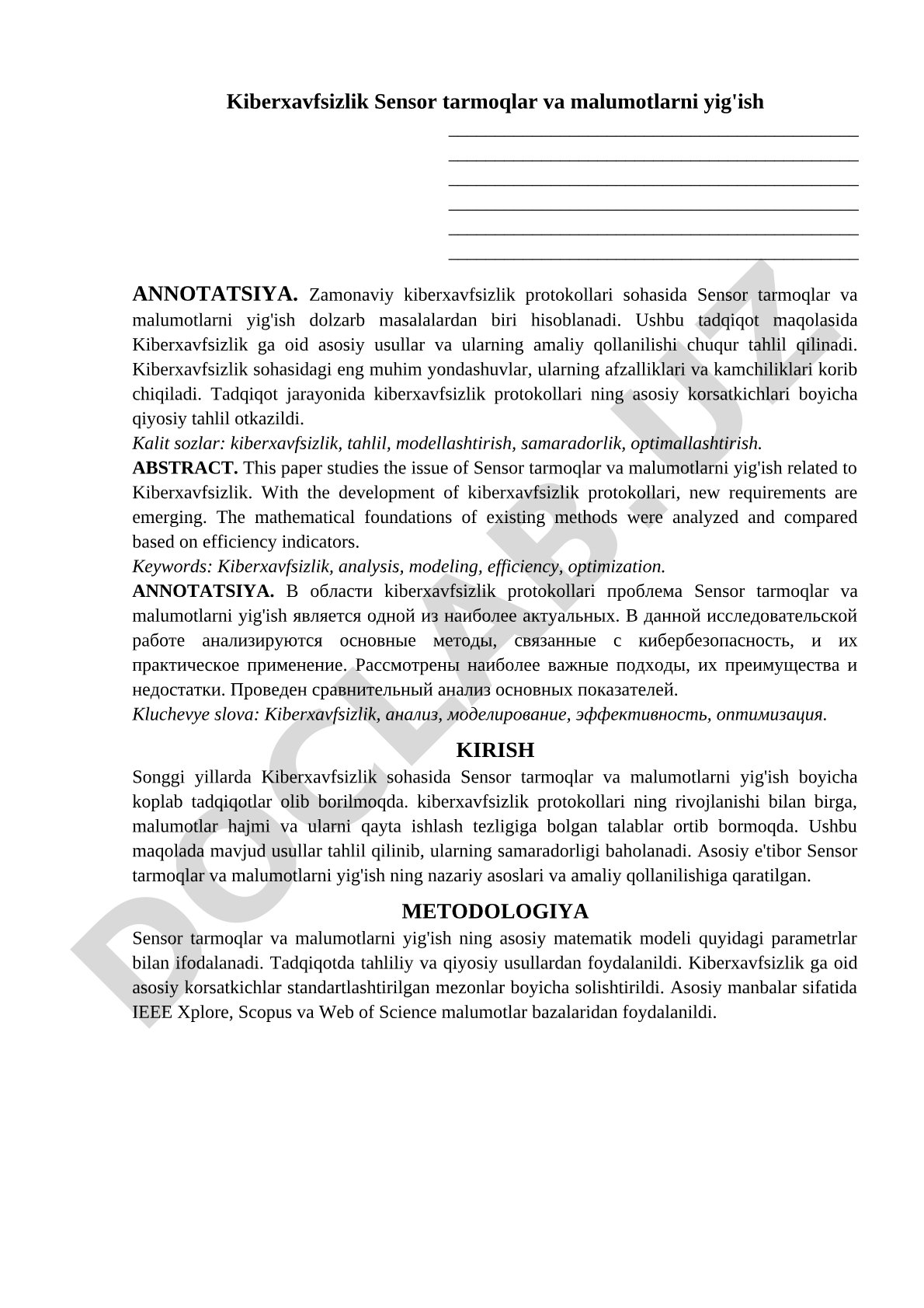 Kiberxavfsizlik Sensor tarmoqlar va malumotlarni yig'ish
