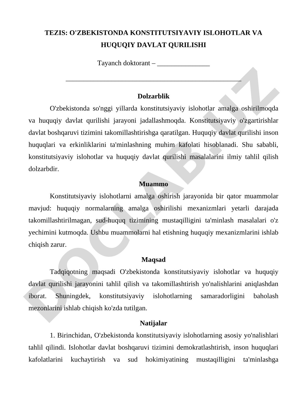 O'ZBEKISTONDA KONSTITUTSIYAVIY ISLOHOTLAR VA HUQUQIY DAVLAT QURILISHI