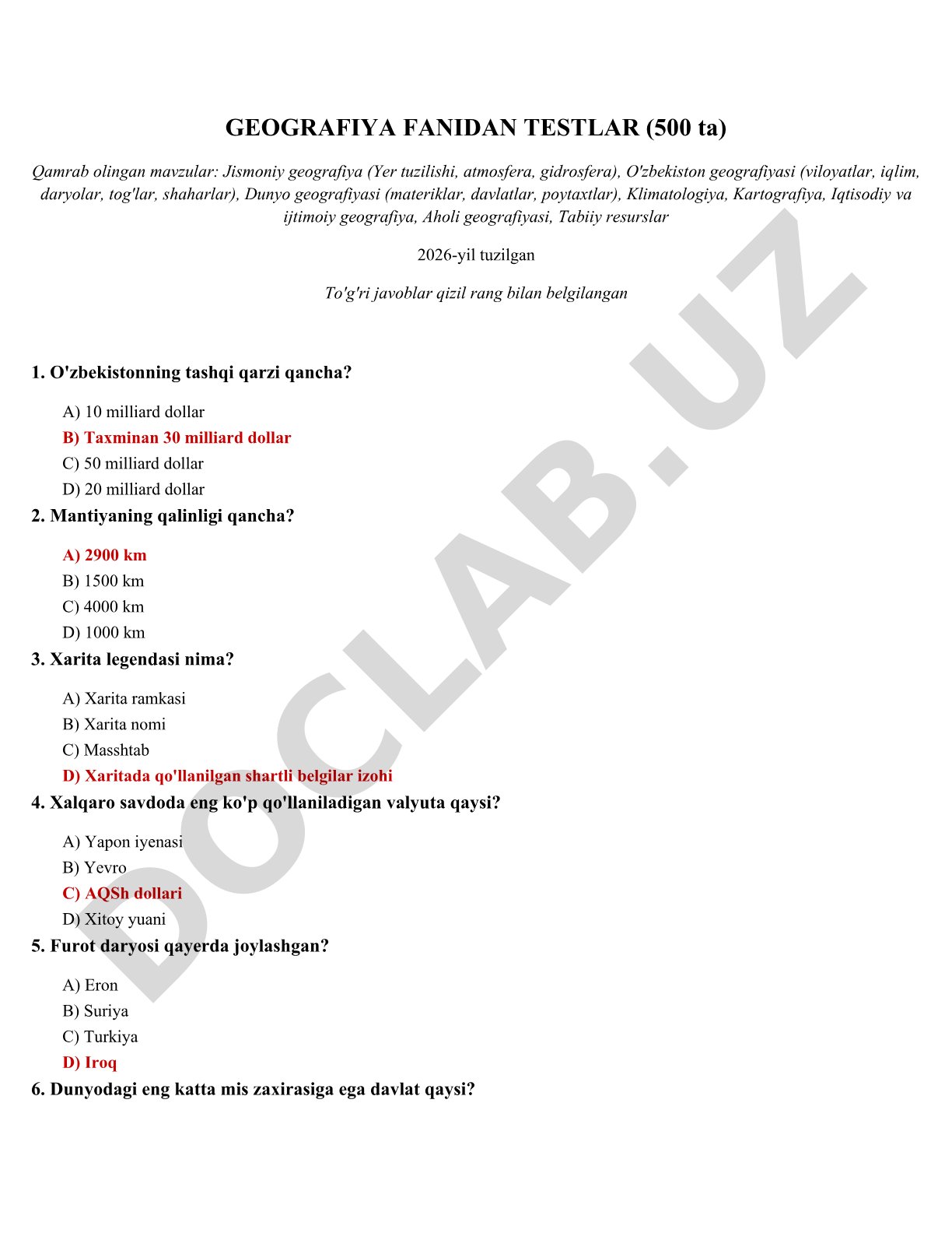 Geografiya fanidan testlar (500 ta)