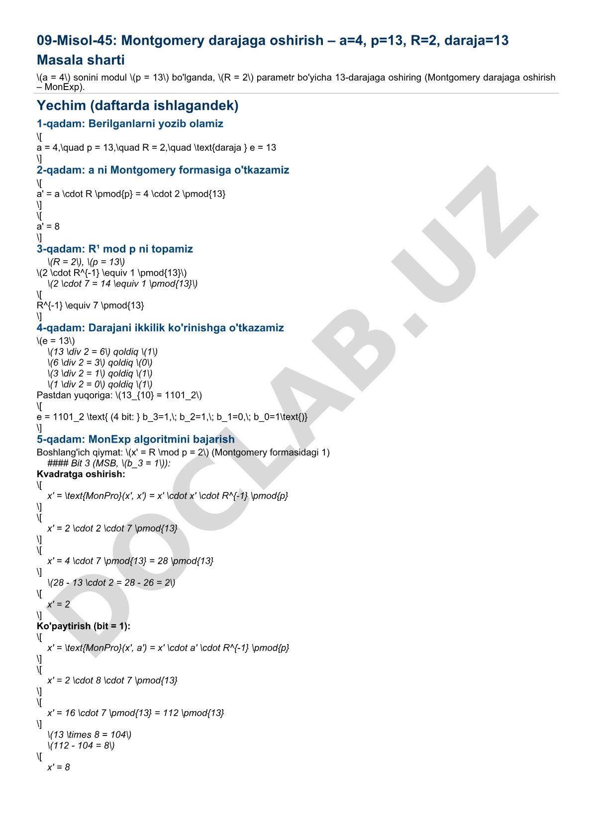 Montgomery darajaga oshirish – a=4, p=13, R=2, daraja=13