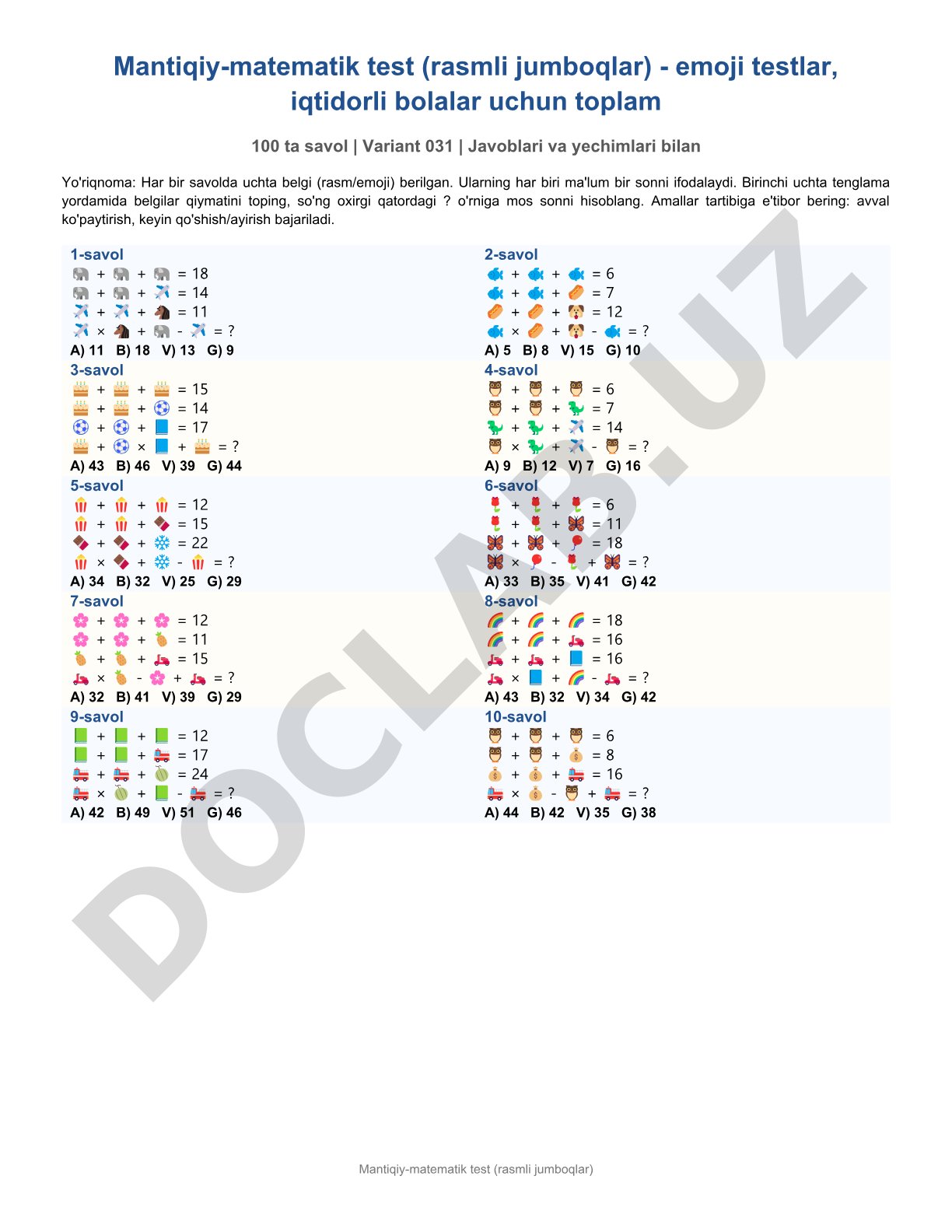 Mantiqiy-matematik test (rasmli jumboqlar)