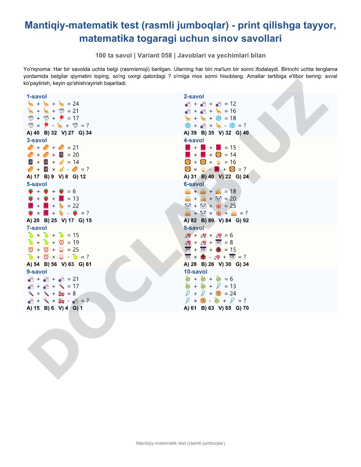 Mantiqiy-matematik test (rasmli jumboqlar)