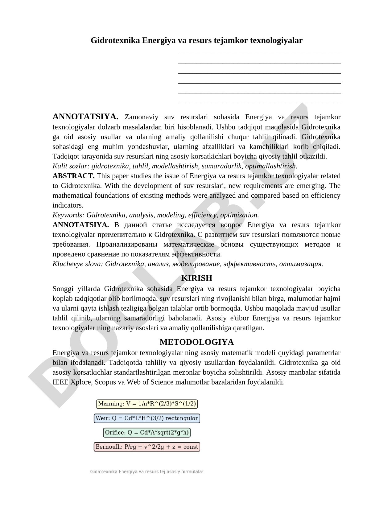 Gidrotexnika Energiya va resurs tejamkor texnologiyalar