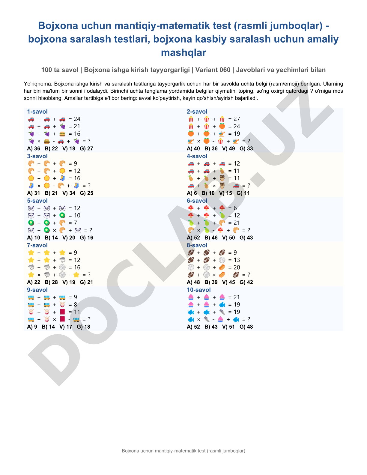 Bojxona uchun mantiqiy-matematik test (rasmli jumboqlar)