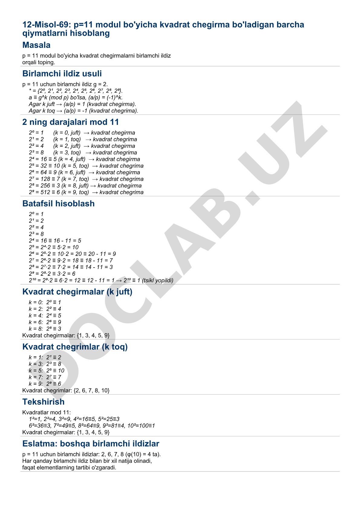 p=11 modul bo'yicha kvadrat chegirmalarni birlamchi ildiz orqali topish