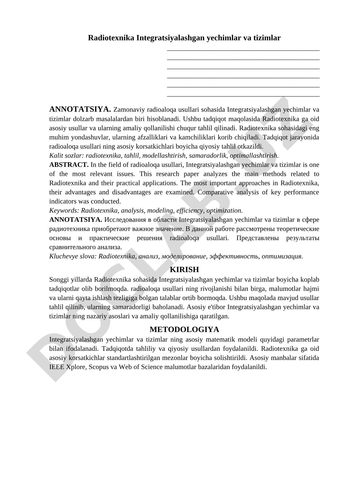 Radiotexnika Integratsiyalashgan yechimlar va tizimlar