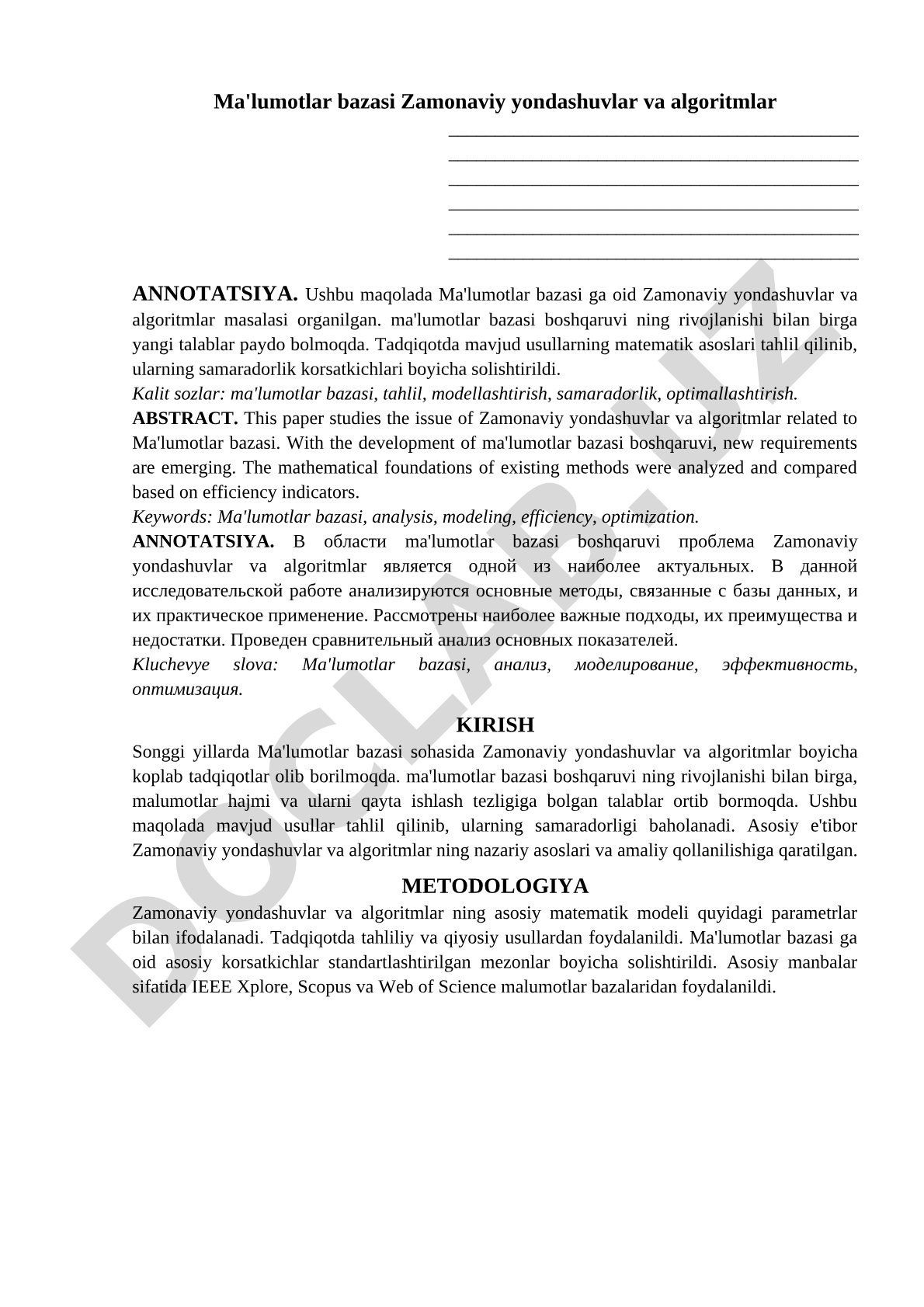 Ma'lumotlar bazasi zamonaviy yondashuvlar va algoritmlar