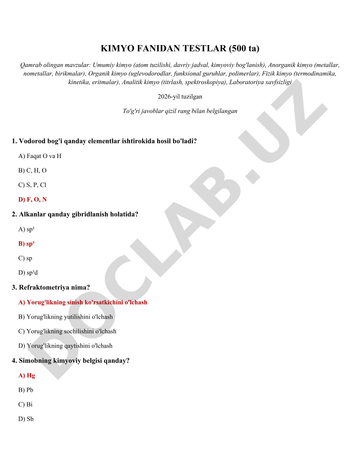Kimyo fanidan testlar (500 ta)