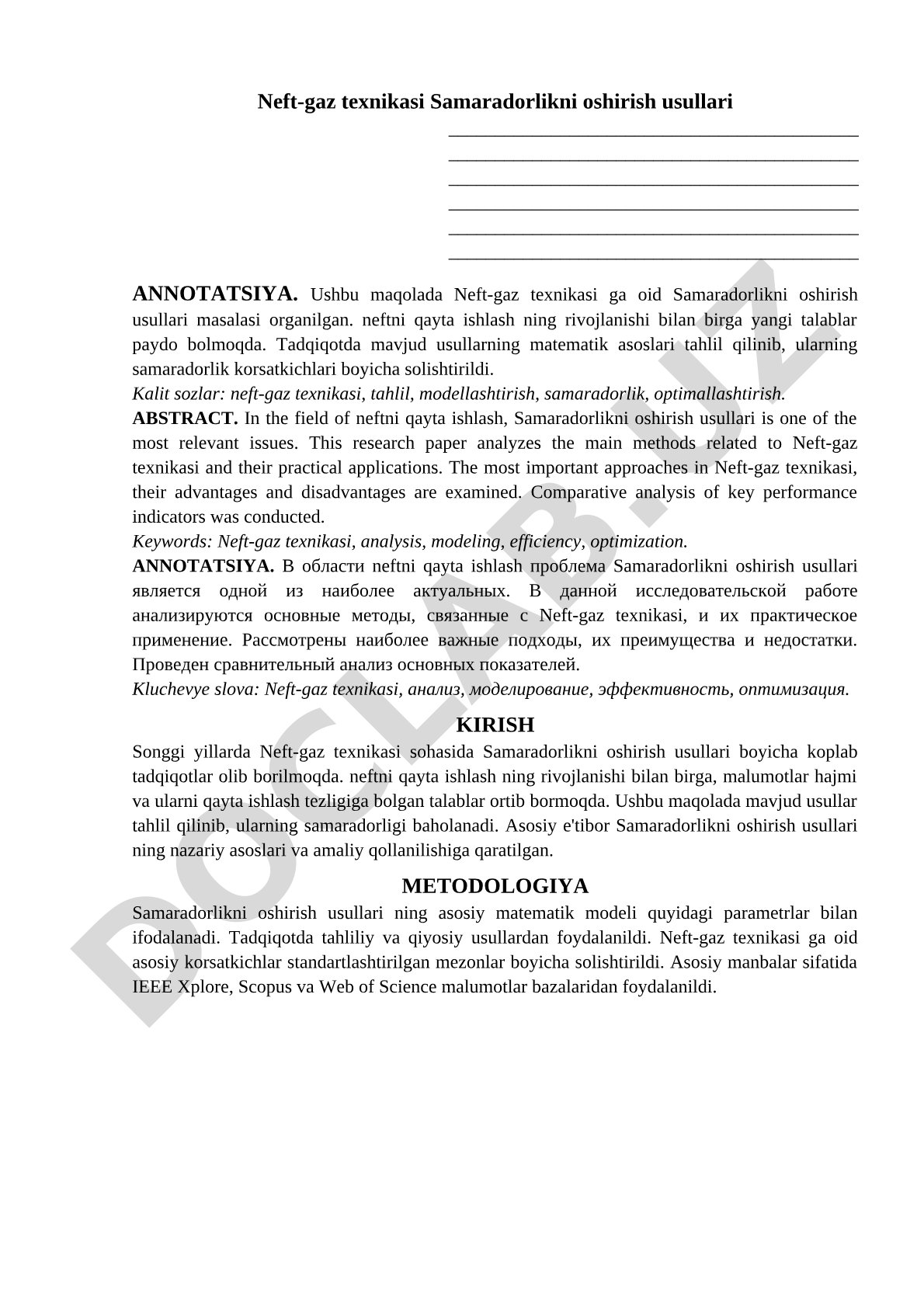 Neft-gaz texnikasi Samaradorlikni oshirish usullari