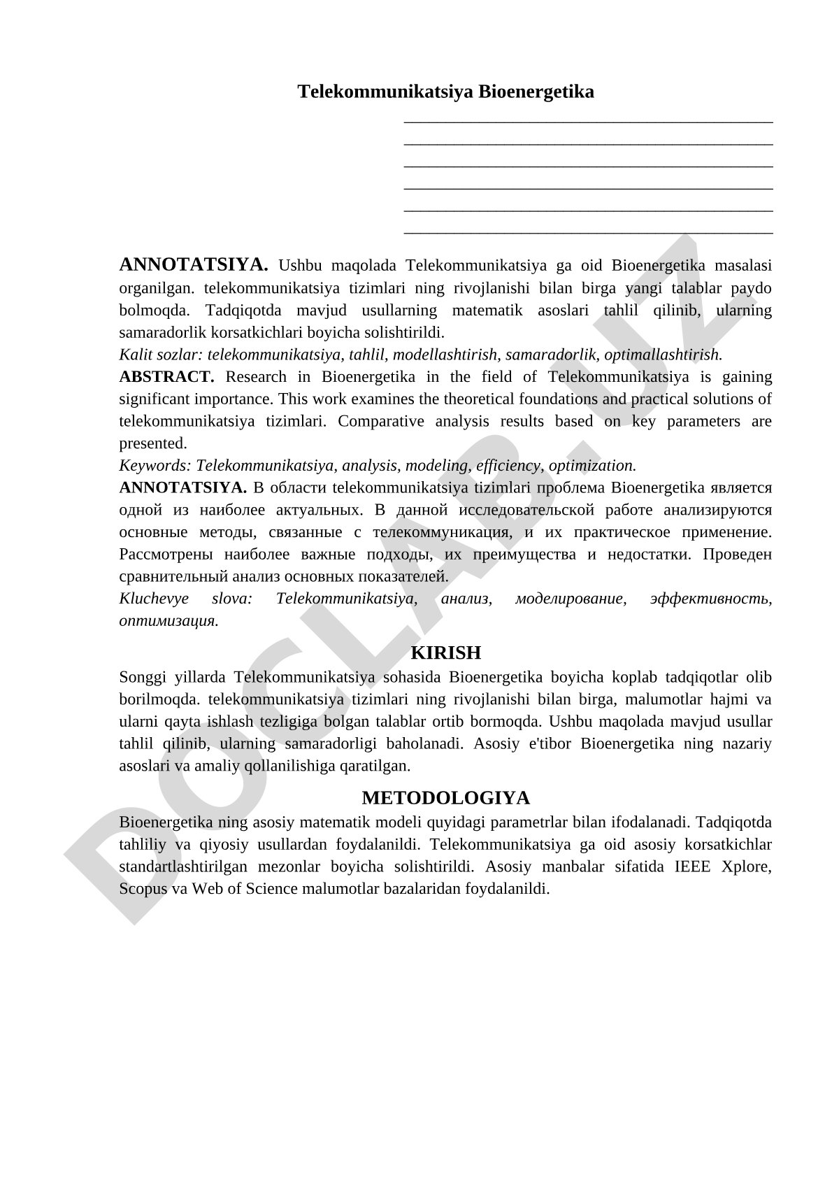 Telekommunikatsiya va bioenergetika masalalari