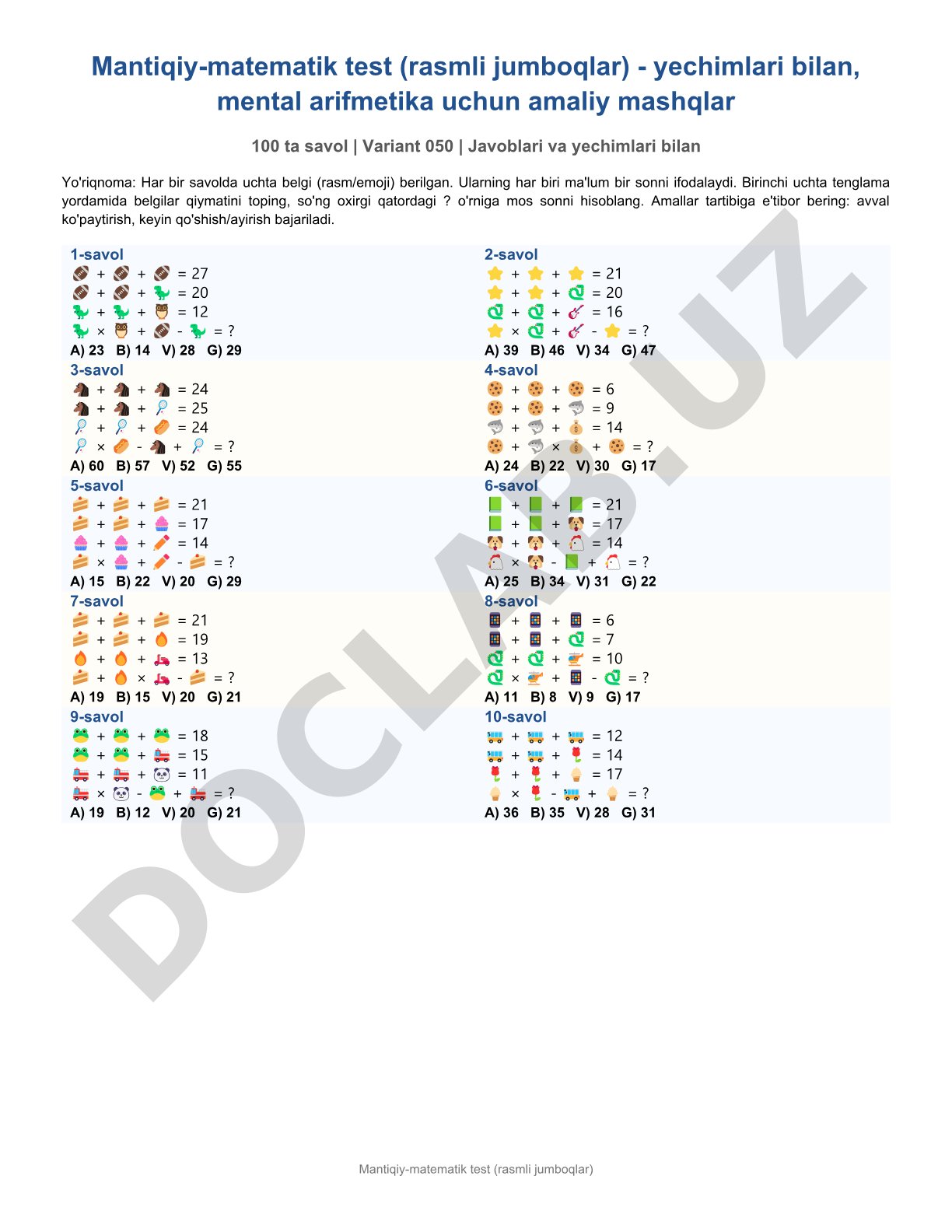 Mantiqiy-matematik test (rasmli jumboqlar)