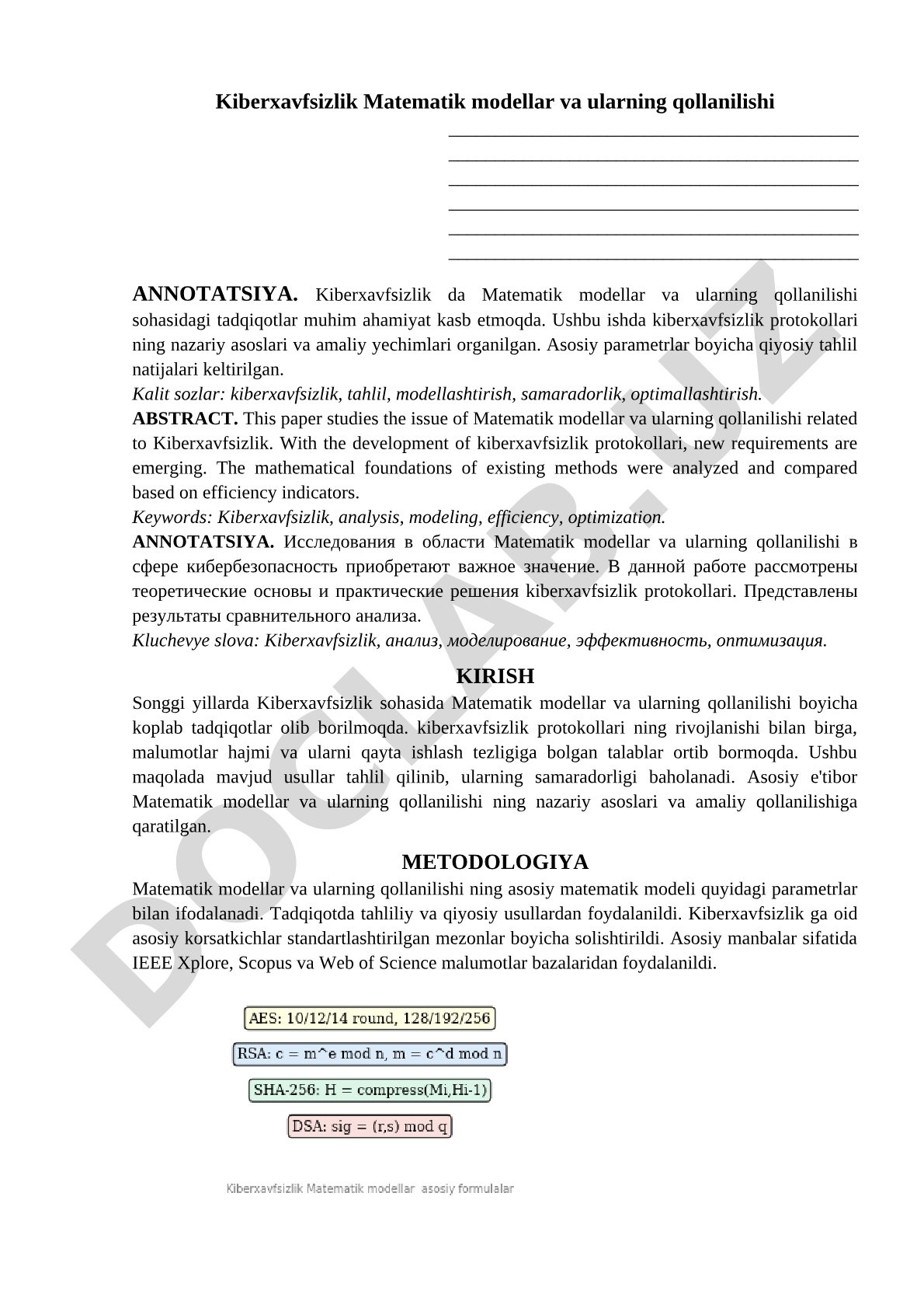 Kiberxavfsizlik Matematik modellar va ularning qollanilishi