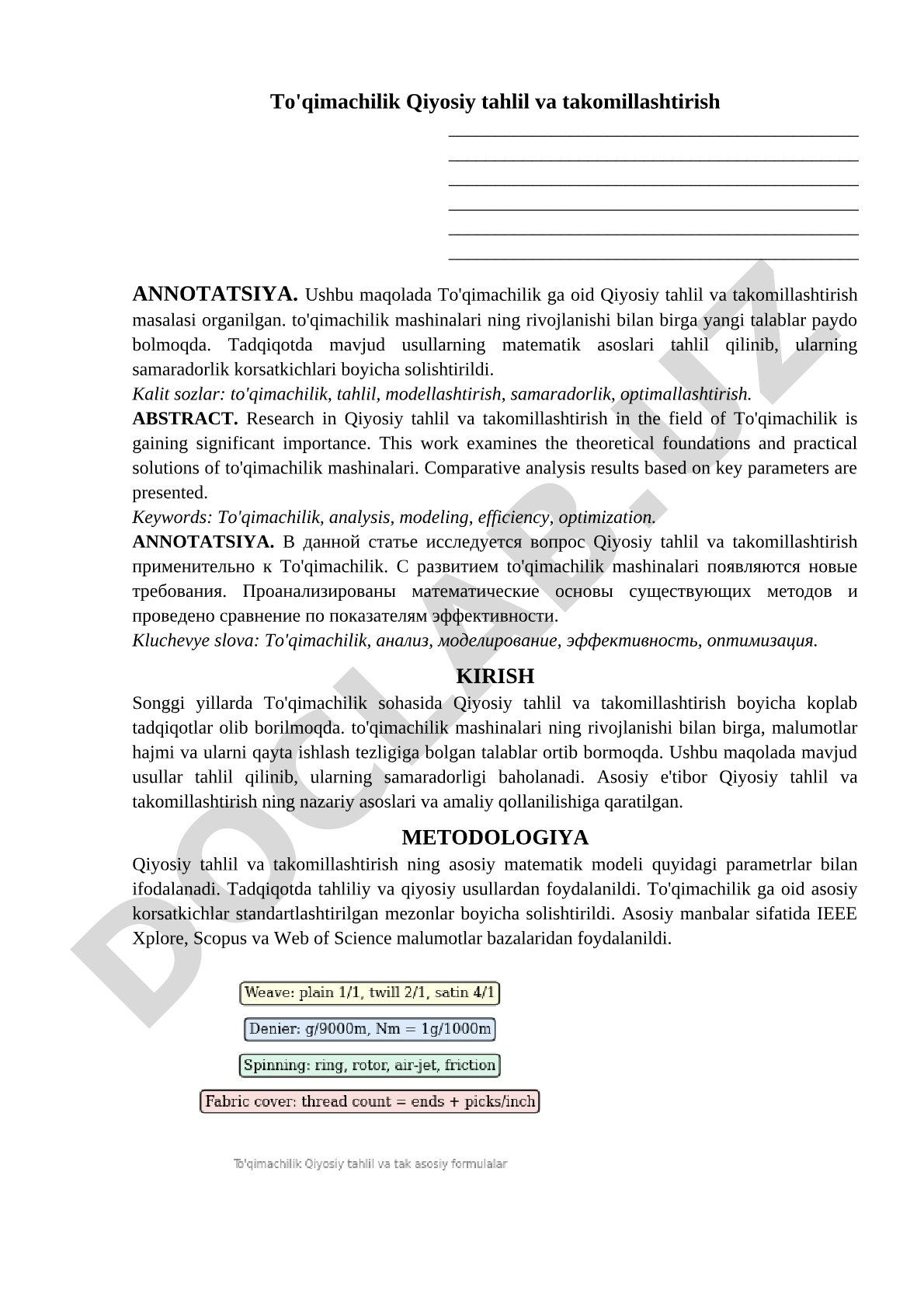To'qimachilik Qiyosiy tahlil va takomillashtirish