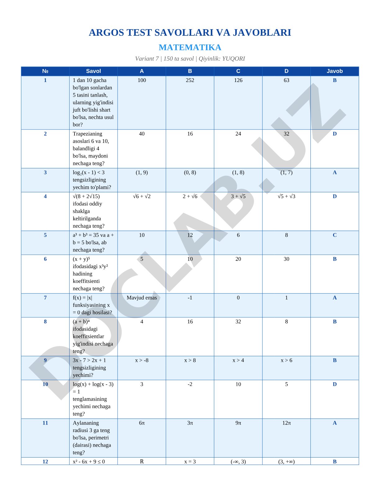 ARGOS TEST SAVOLLARI VA JAVOBLARI MATEMATIKA Variant 7