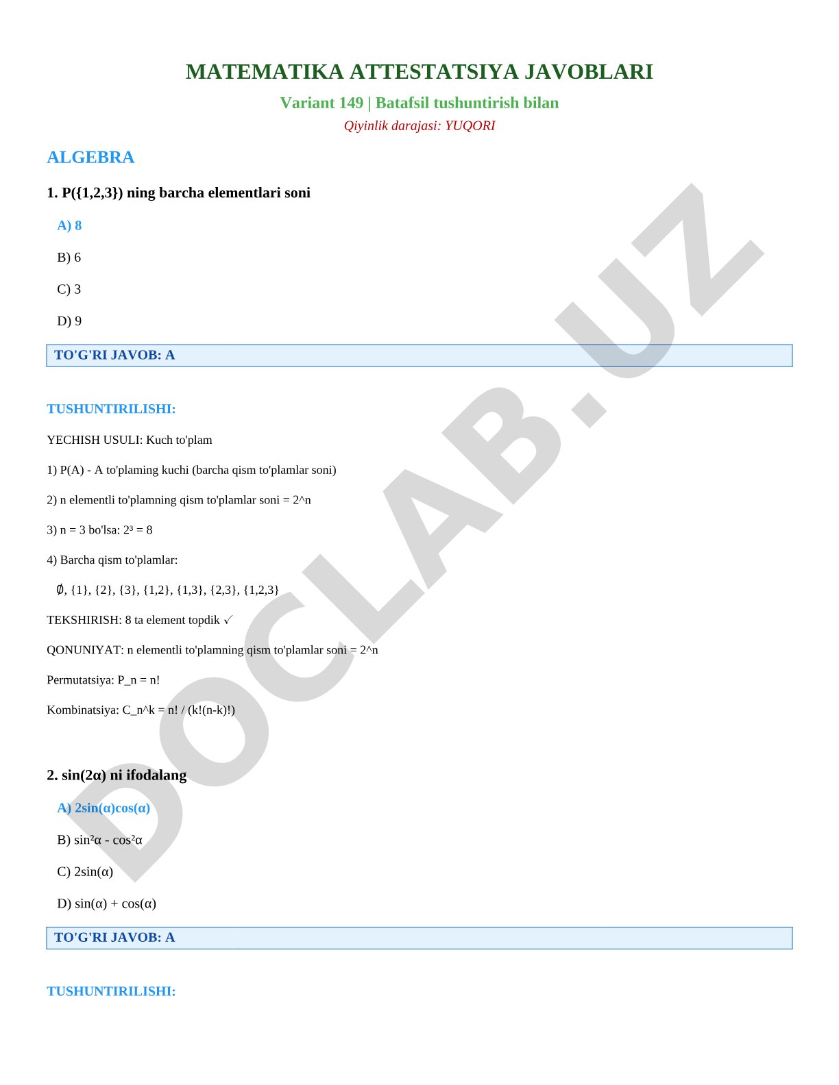 Matematika attestatsiya variant 149 javoblari