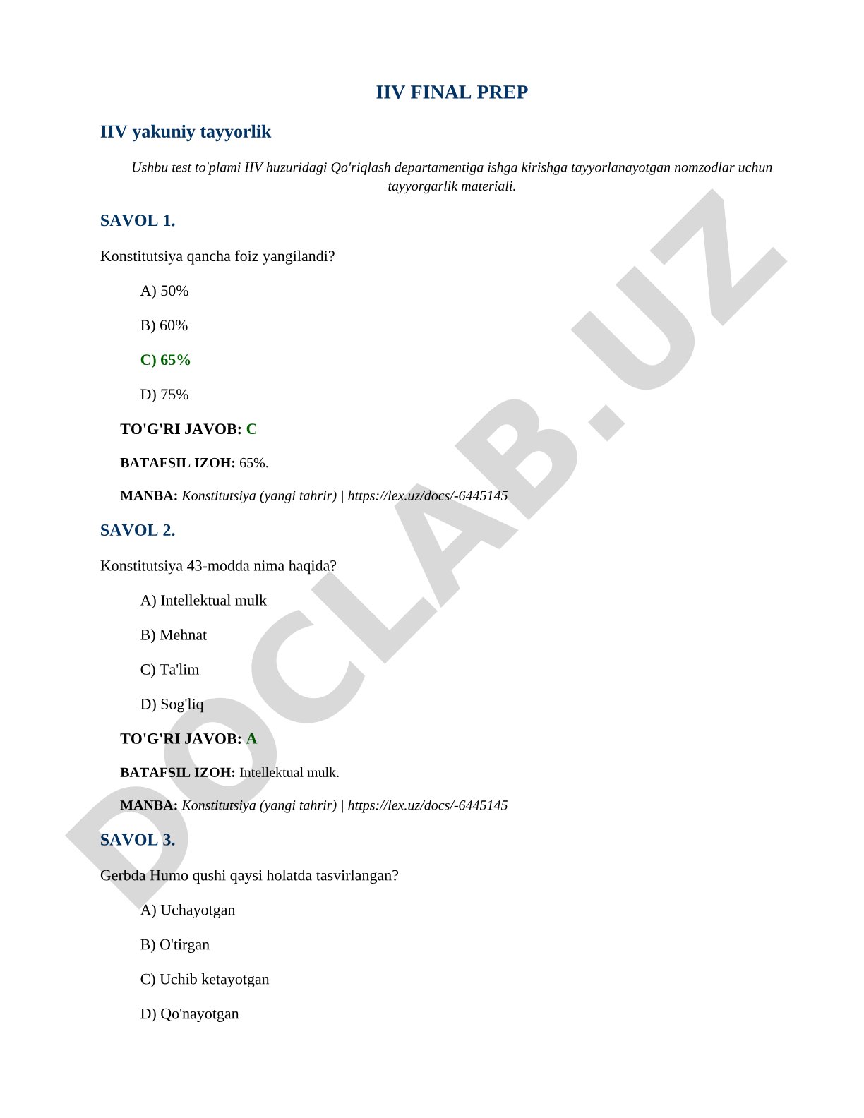 IIV Qo'riqlash departamentiga ishga kirish testlari