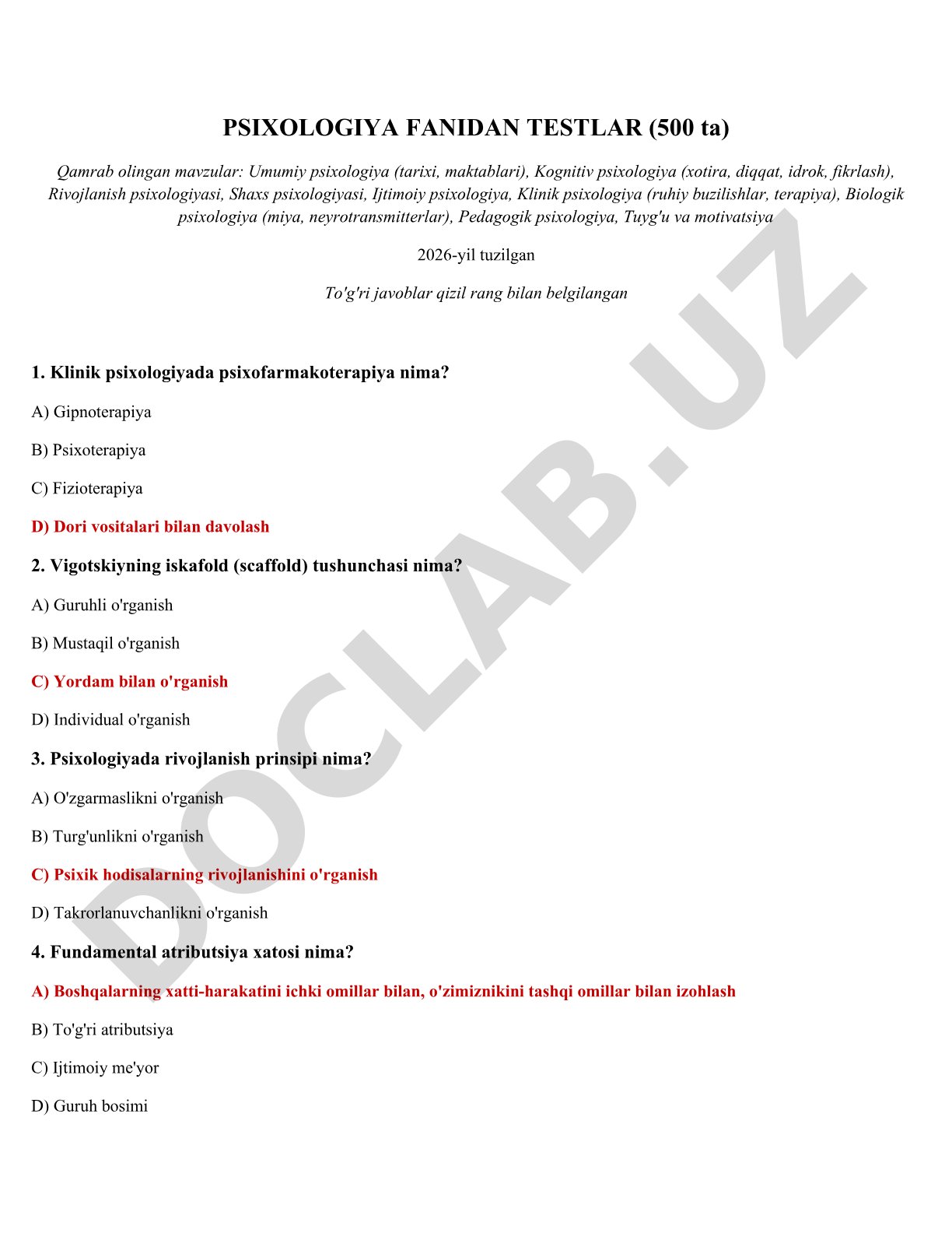 Psixologiya fanidan testlar (500 ta)