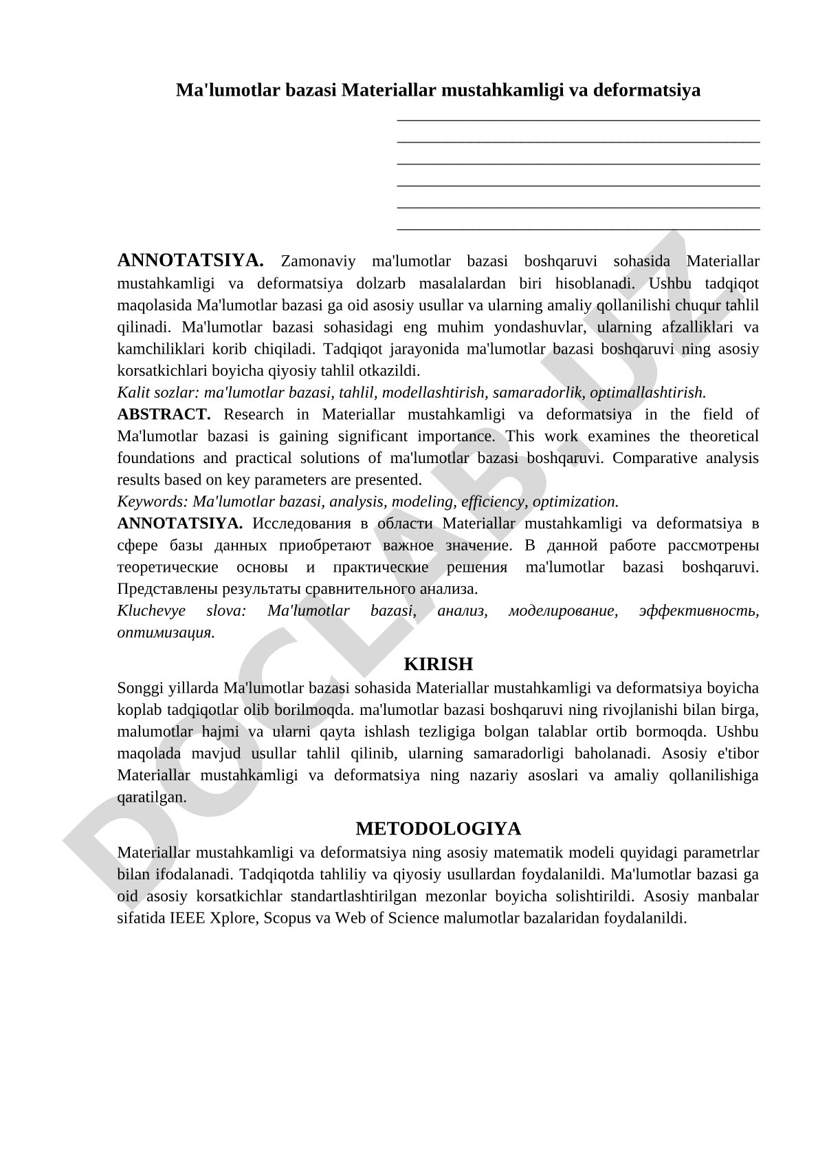 Ma'lumotlar bazasi materiallar mustahkamligi va deformatsiya