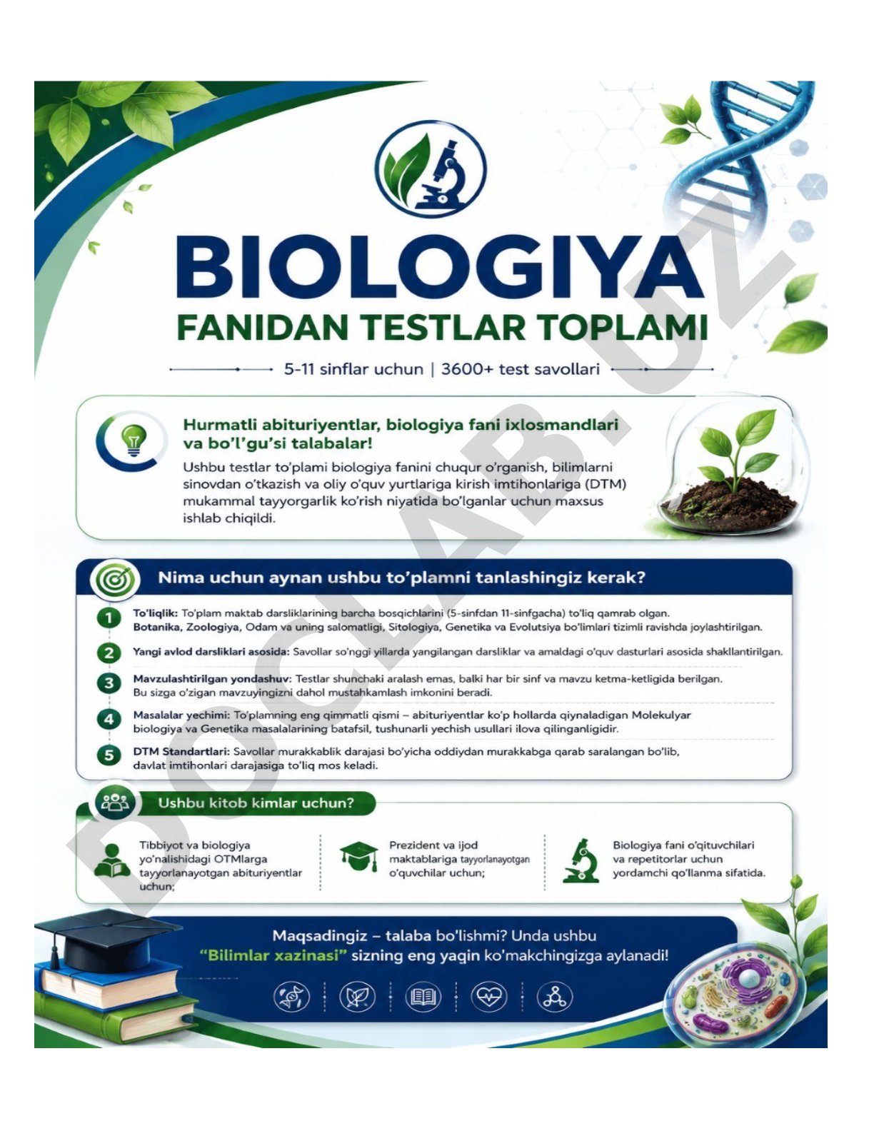Biologiya fanidan testlar to'plami 5-11 sinflar uchun