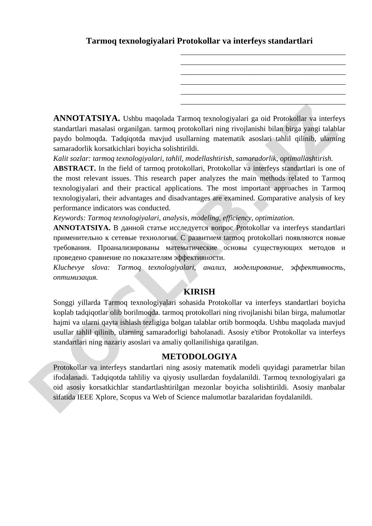 Tarmoq texnologiyalari: protokollar va interfeys standartlari