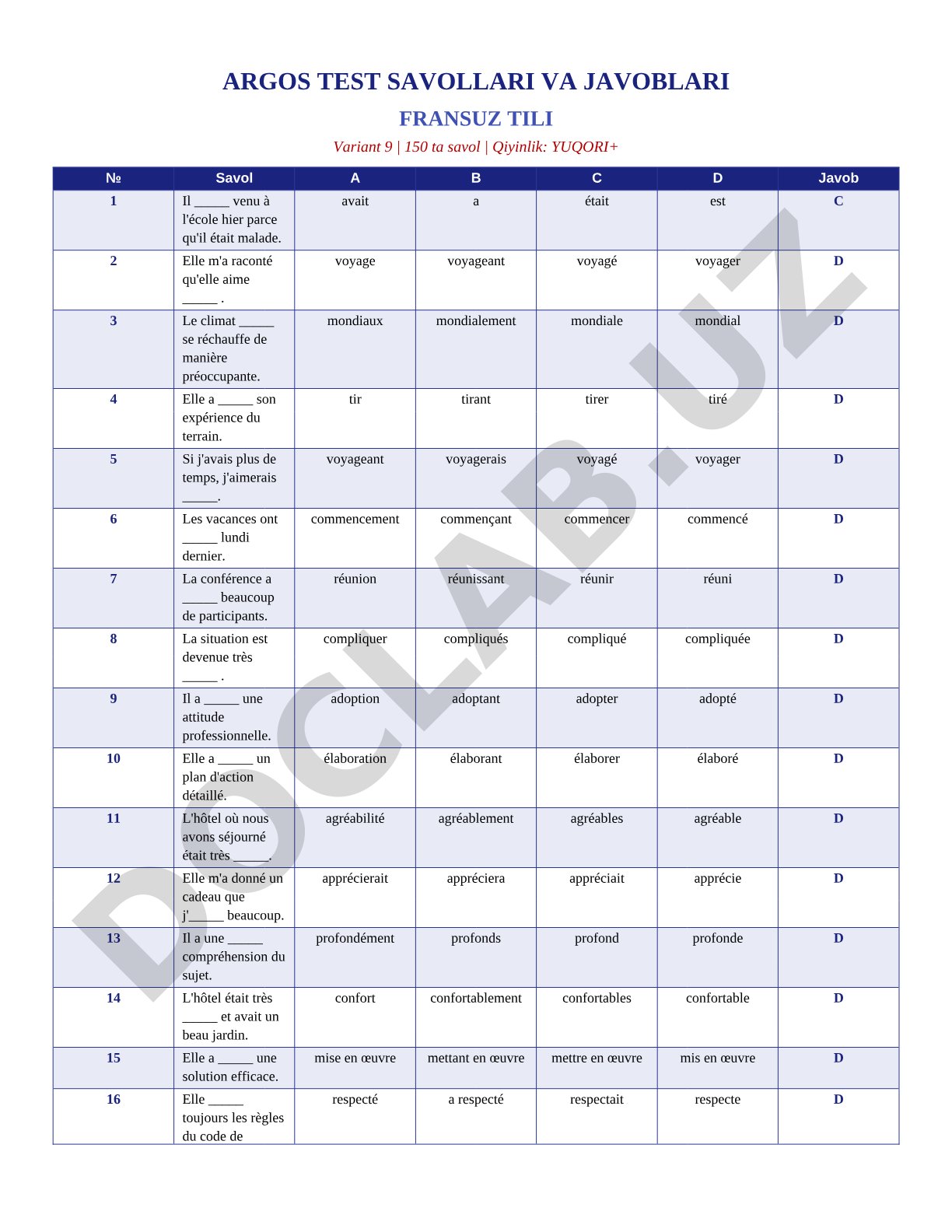 Test de français ARGOS, Variant 9, 150 questions