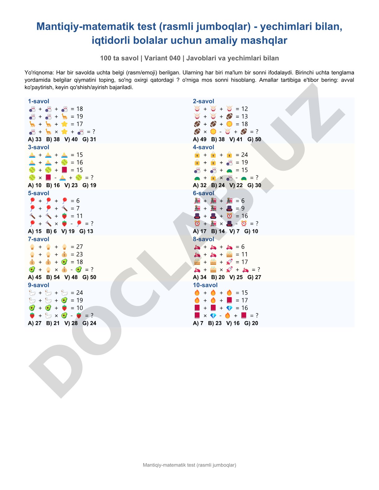 Mantiqiy-matematik test (rasmli jumboqlar) - yechimlari bilan, iqtidorli bolalar uchun amaliy mashqlar 100 ta savol | Variant 040 | Javoblari va yechimlari bilan