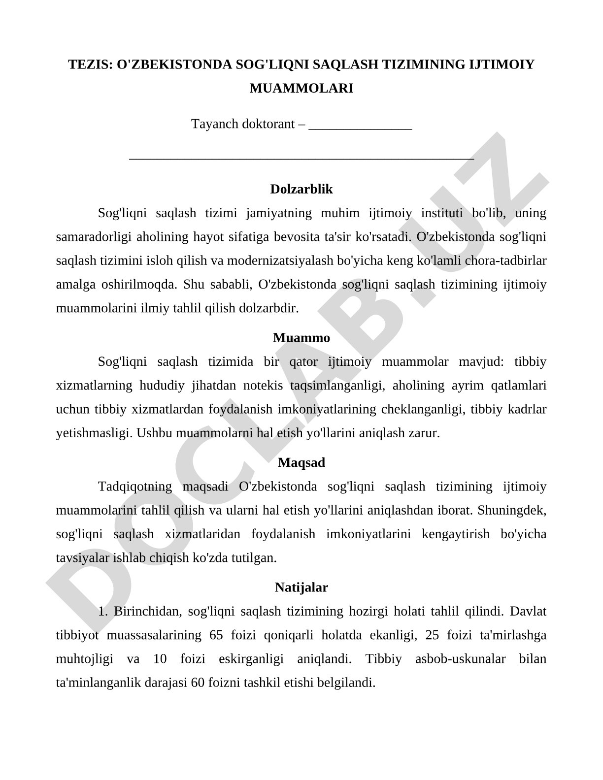 O'zbekistonda sog'liqni saqlash tizimining ijtimoiy muammolari