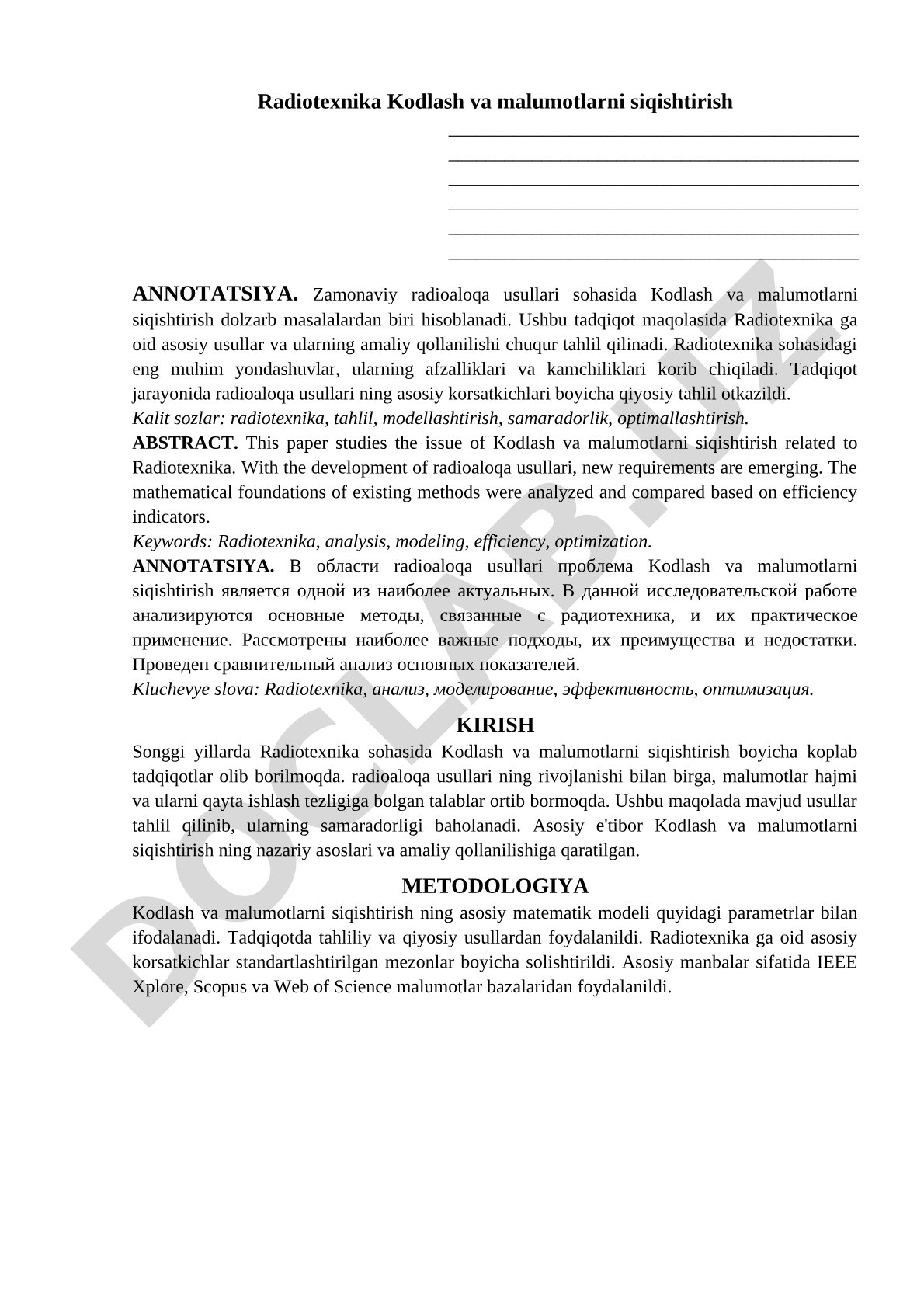 Radiotexnika Kodlash va malumotlarni siqishtirish