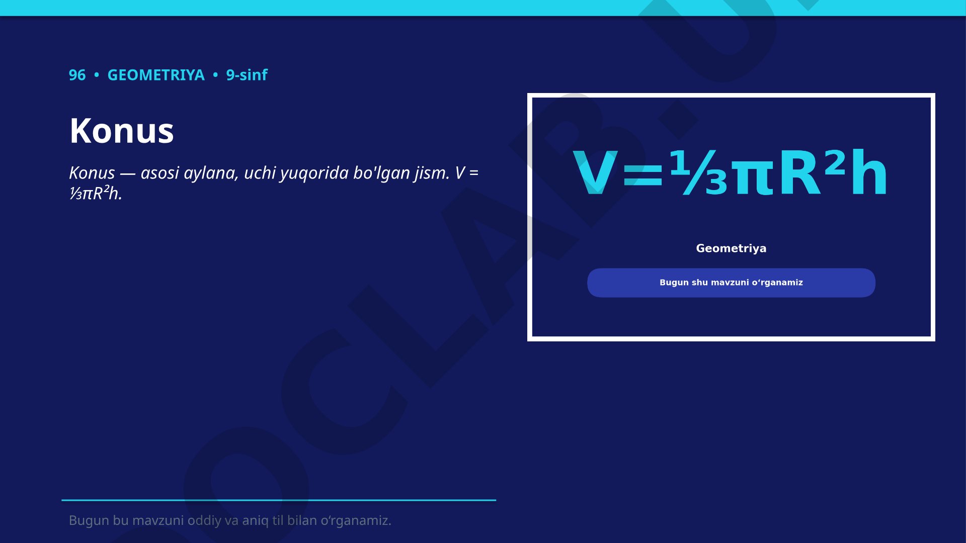 Konusning hajmi va yon sirti formulalari
