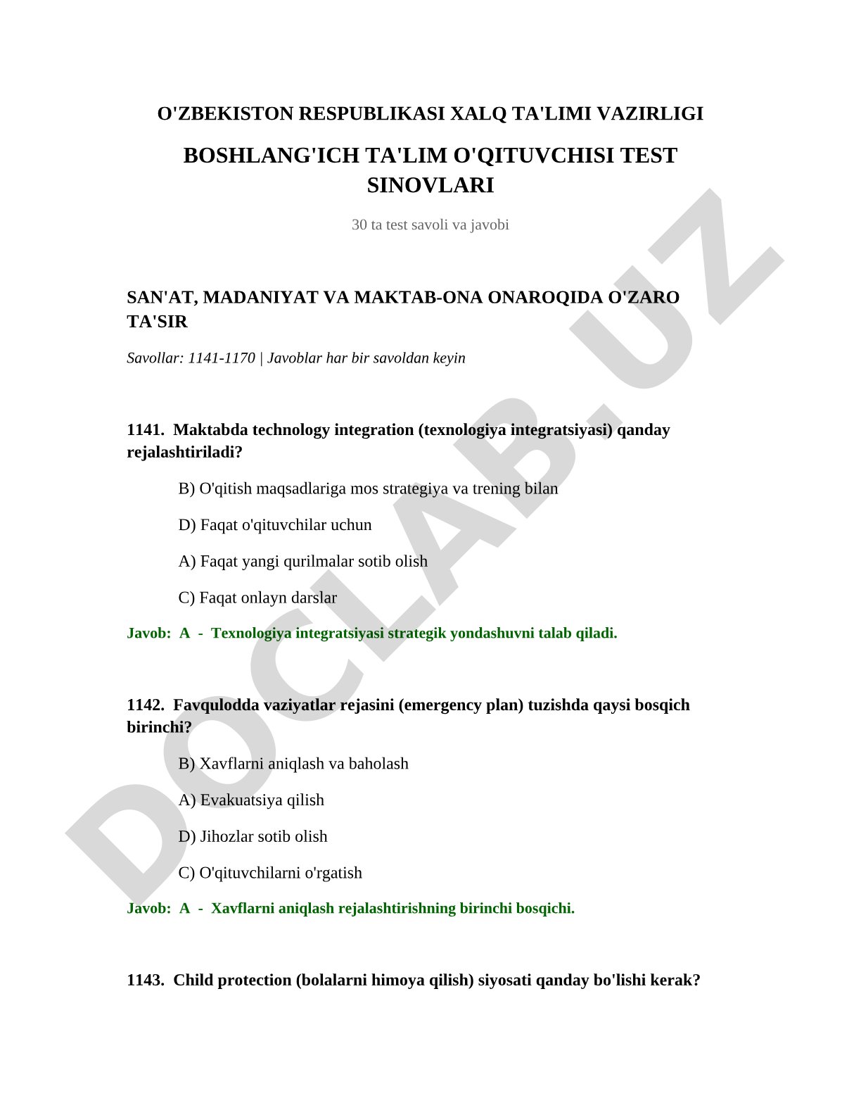 Boshlang'ich ta'lim o'qituvchisi test sinovlari (30 ta test savoli va javobi)