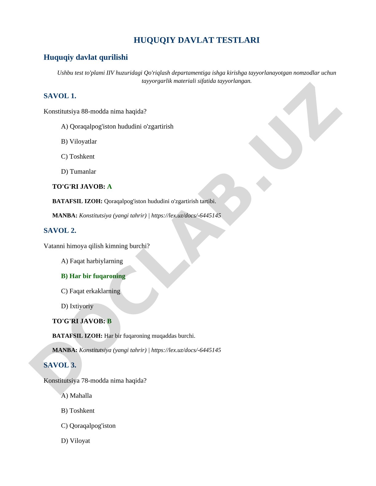 Huquqiy davlat qurilishi testlari