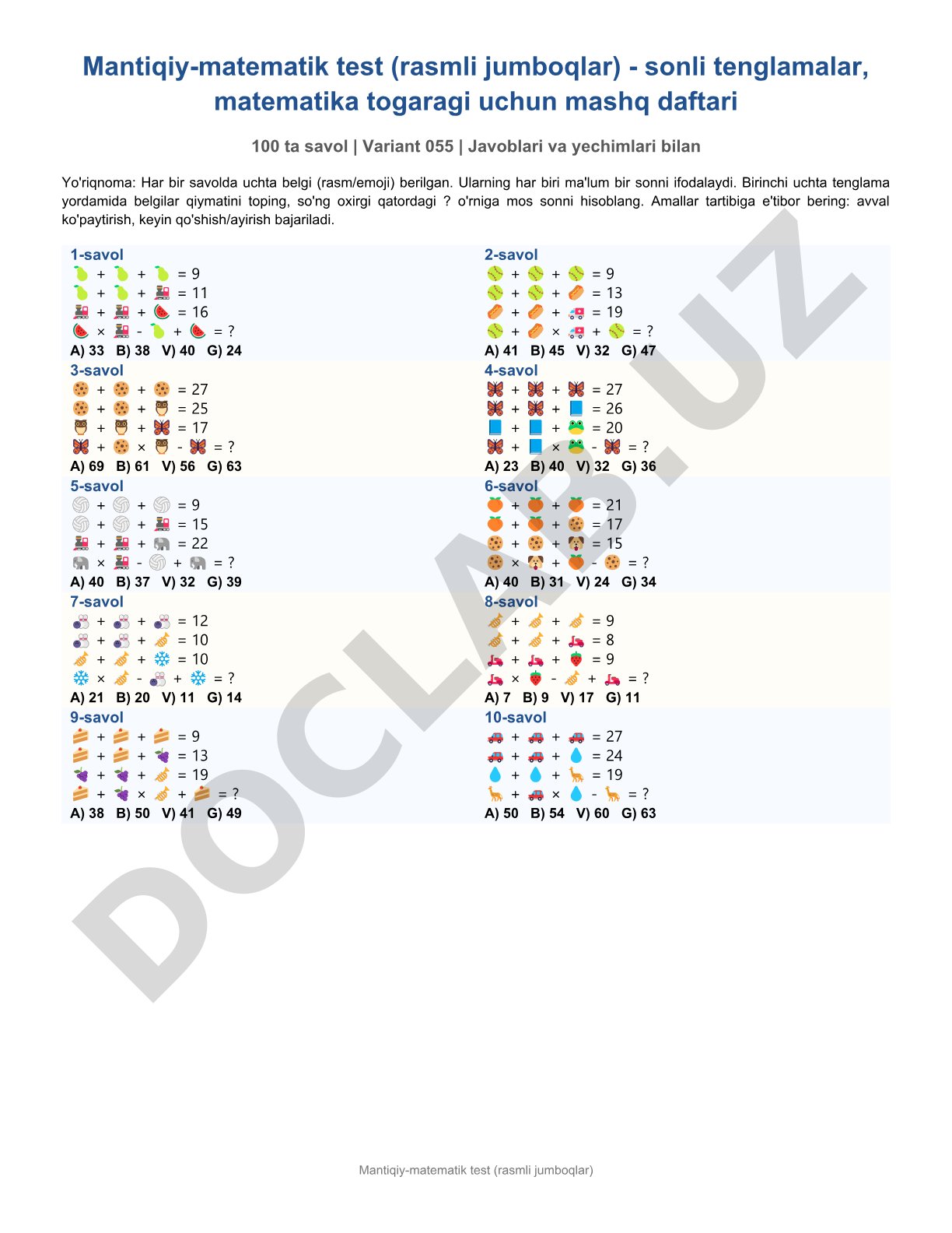 Mantiqiy-matematik test (rasmli jumboqlar) – 100 savol