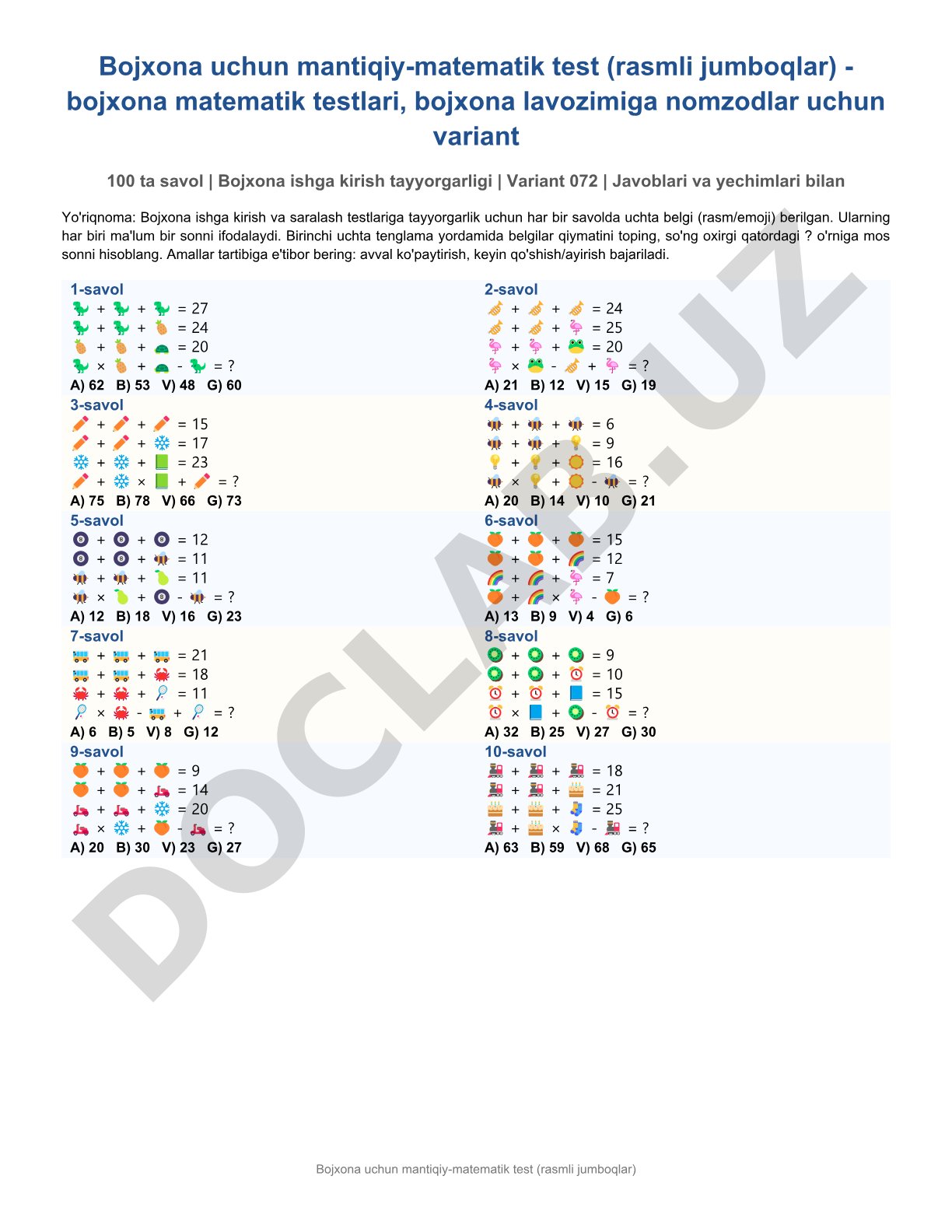 Bojxona uchun mantiqiy-matematik test (rasmli jumboqlar)