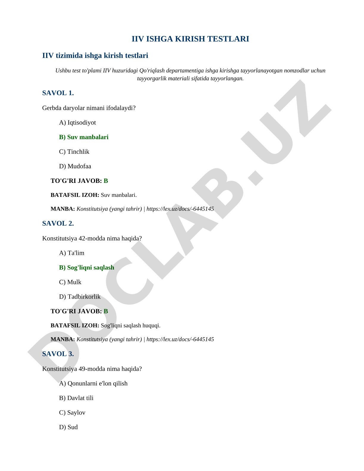 IIV Qo'riqlash departamentiga kirish testlari
