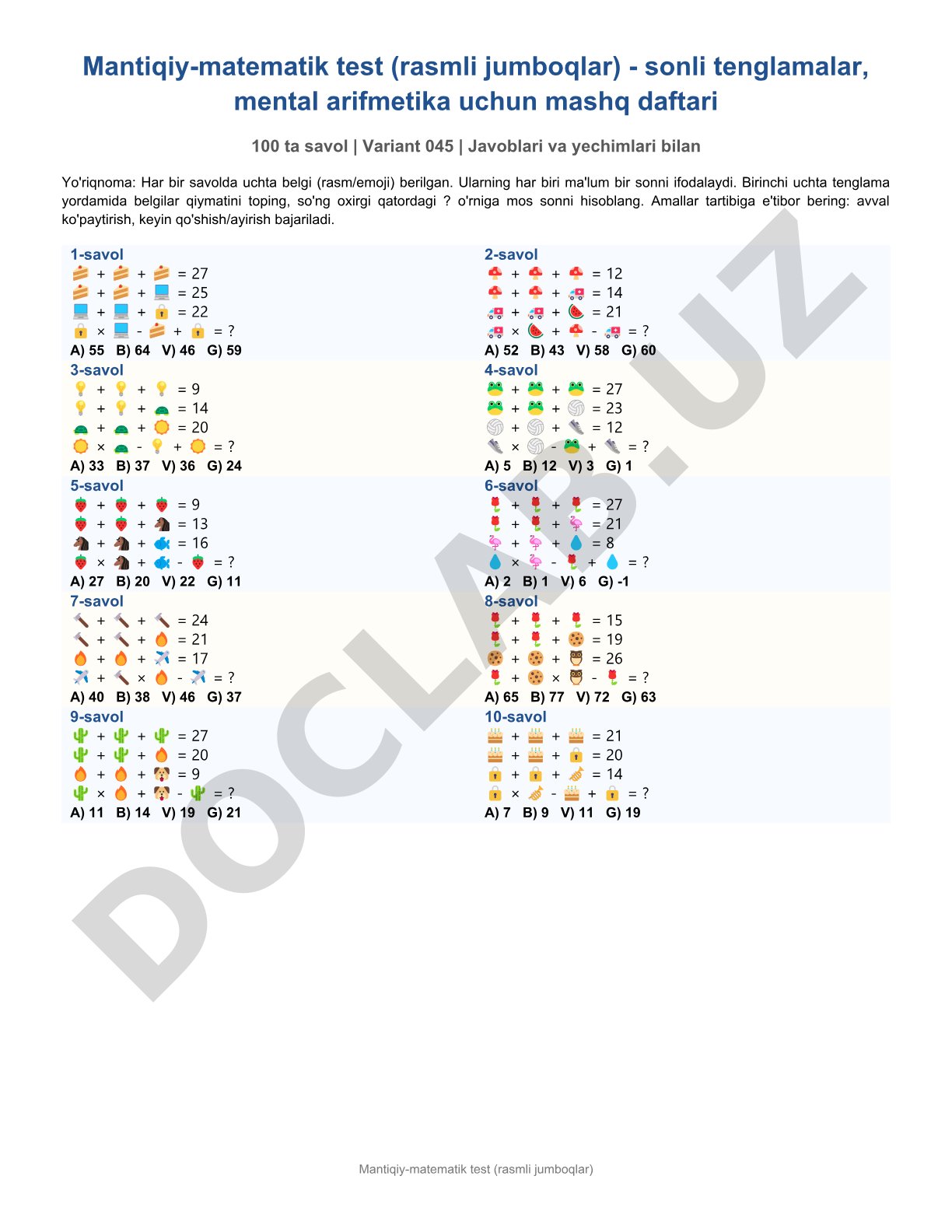 Mantiqiy-matematik test (rasmli jumboqlar)