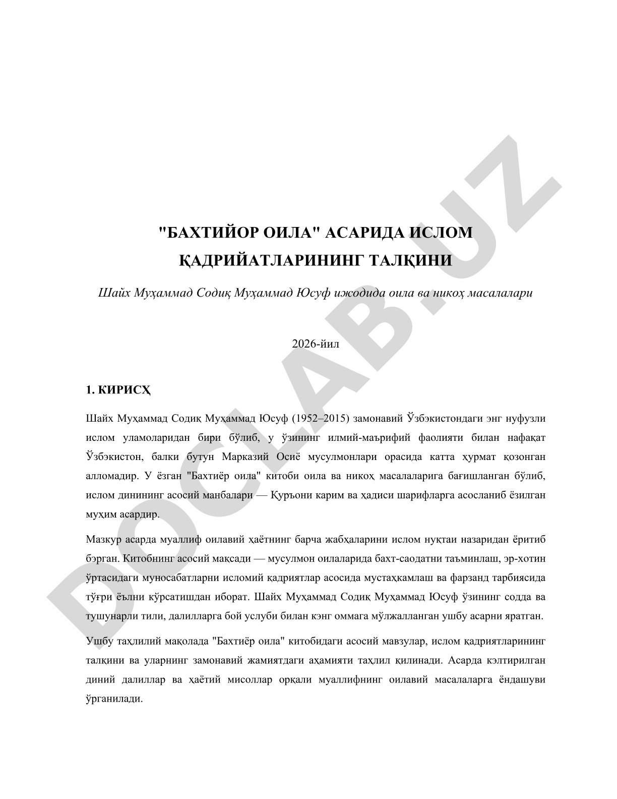 Бахтиёр оила асарида ислом қадриятларининг талқини