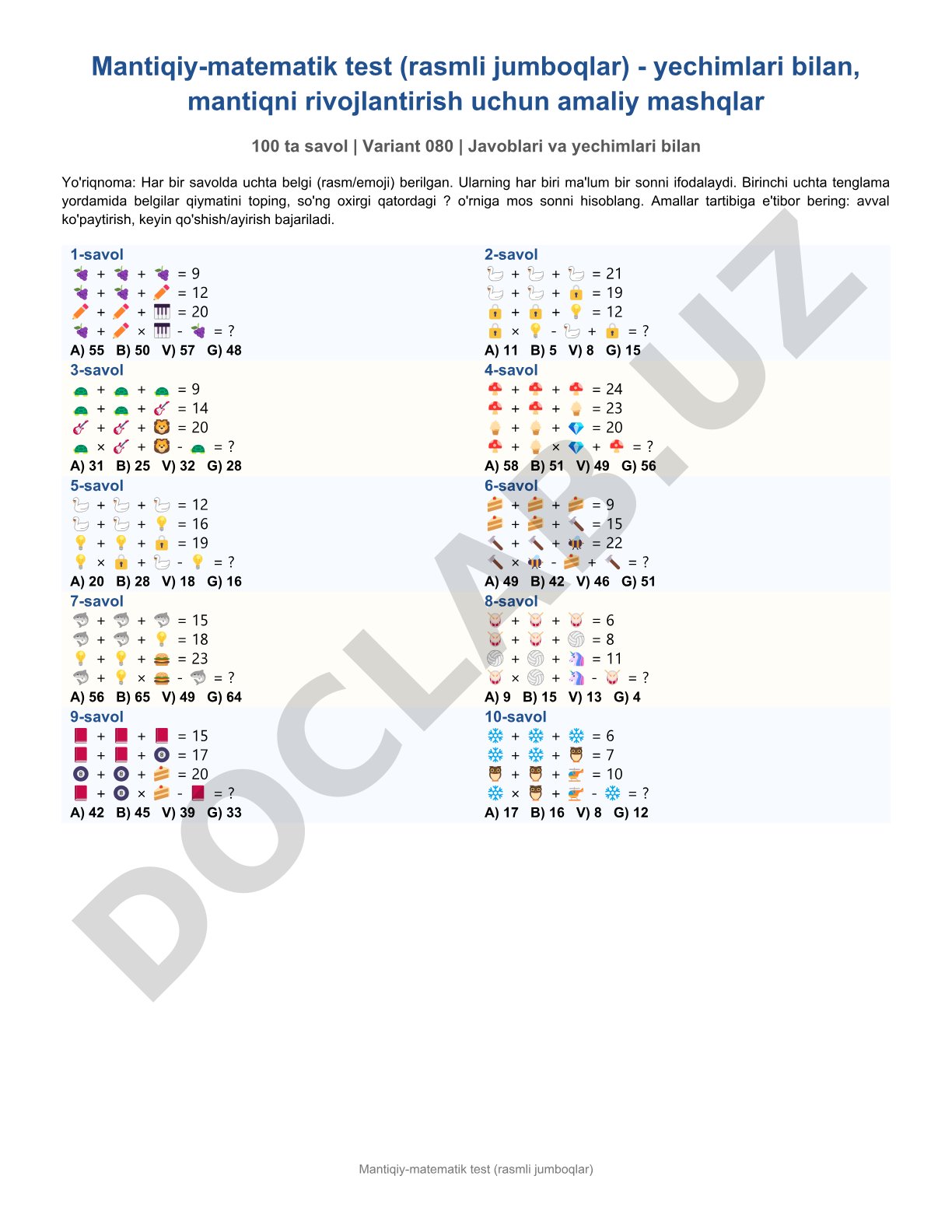 Mantiqiy-matematik test (rasmli jumboqlar) - yechimlari bilan, mantiqni rivojlantirish uchun amaliy mashqlar