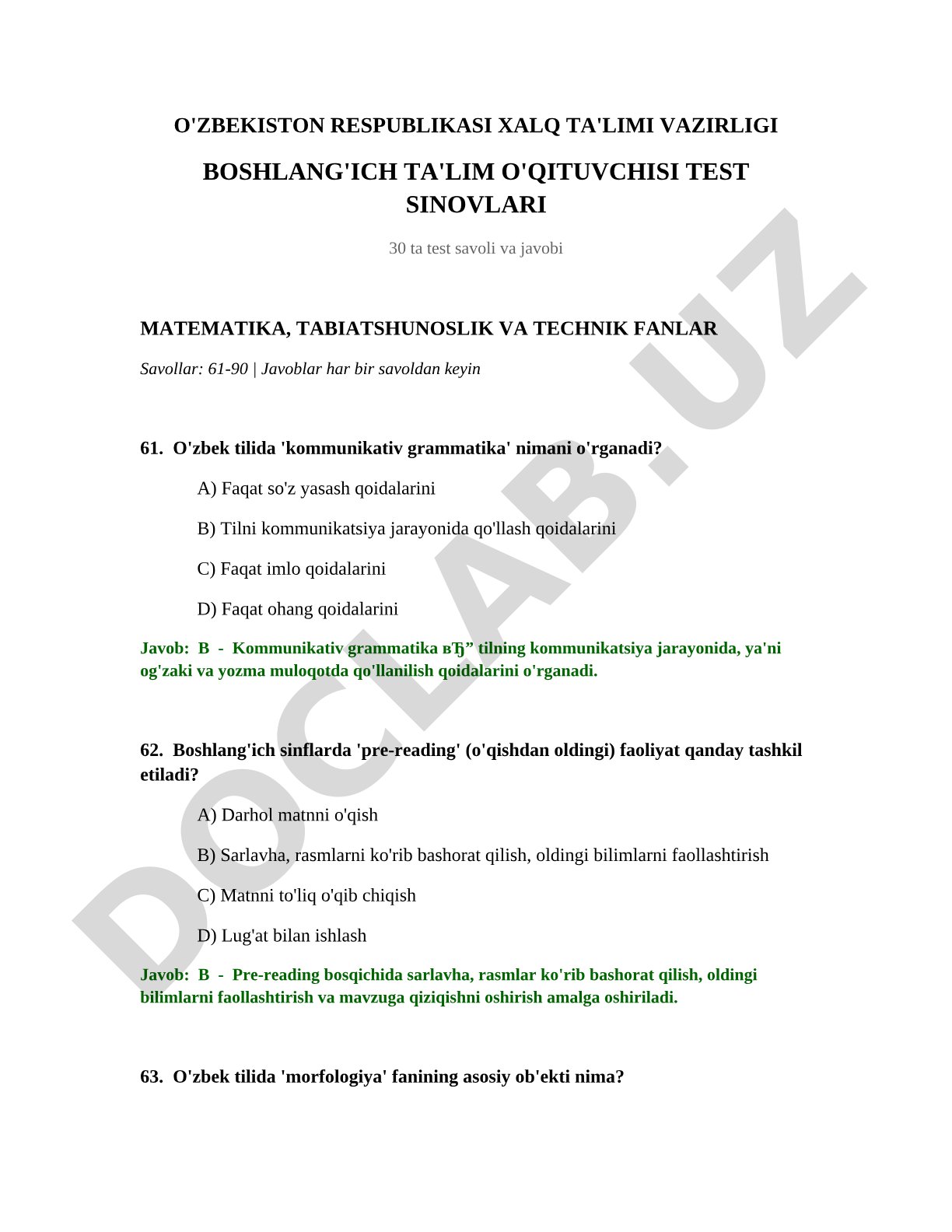 Boshlang'ich ta'lim o'qituvchisi test sinovlari (matematika, tabiatshunoslik va texnik fanlar)