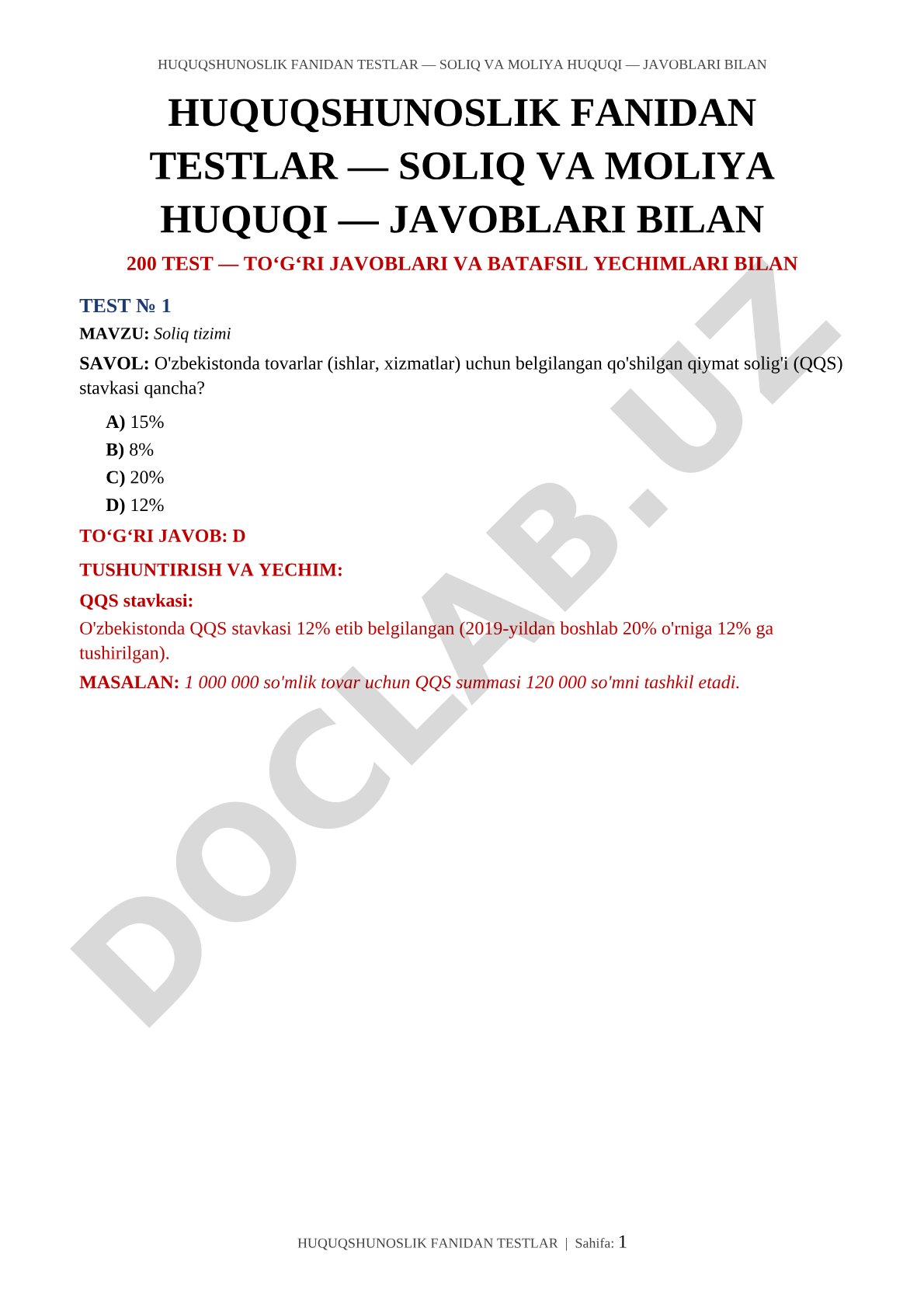 Soliq va moliya huquqi fanidan 200 ta test