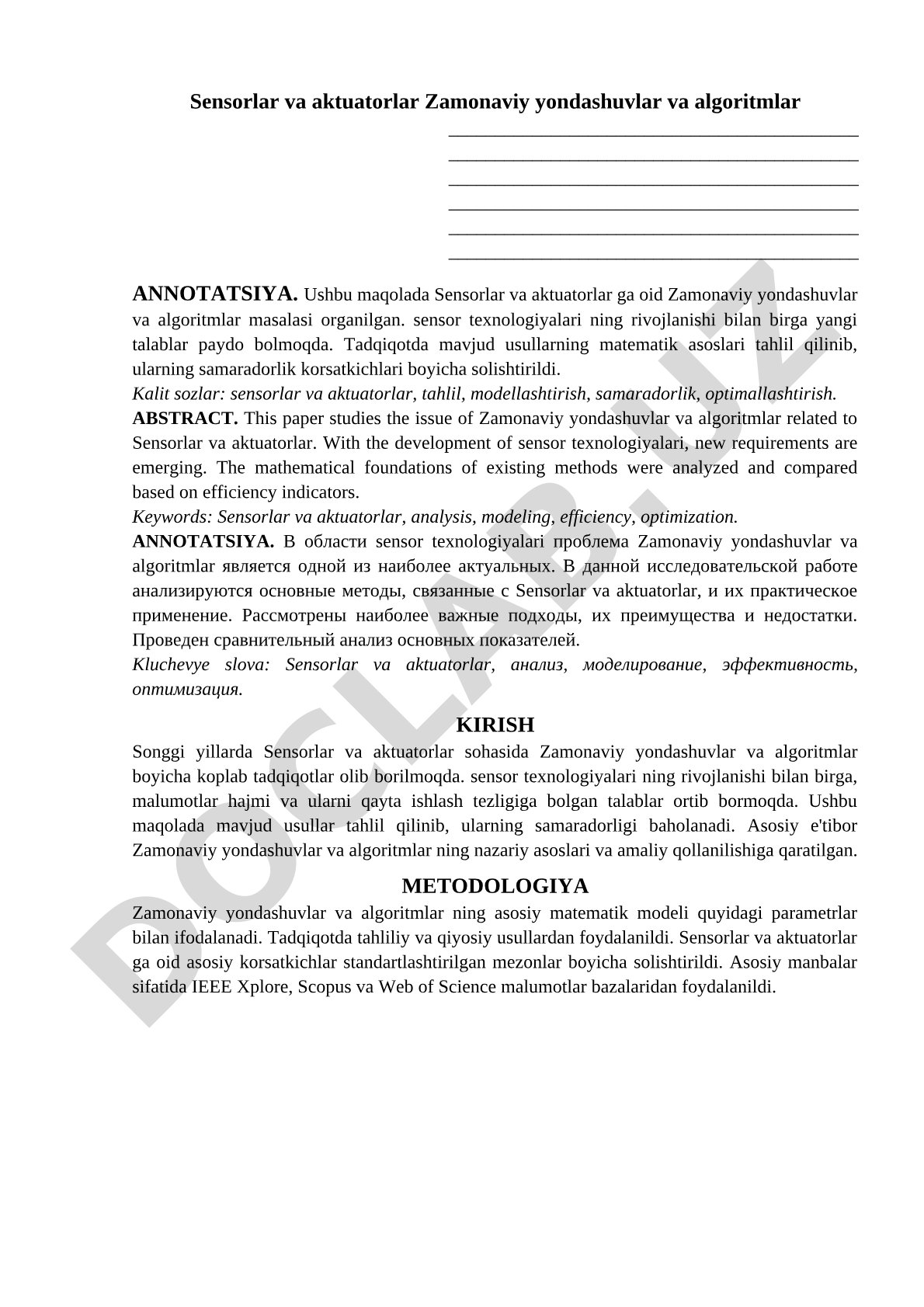 Sensorlar va aktuatorlar zamonaviy yondashuvlar va algoritmlar