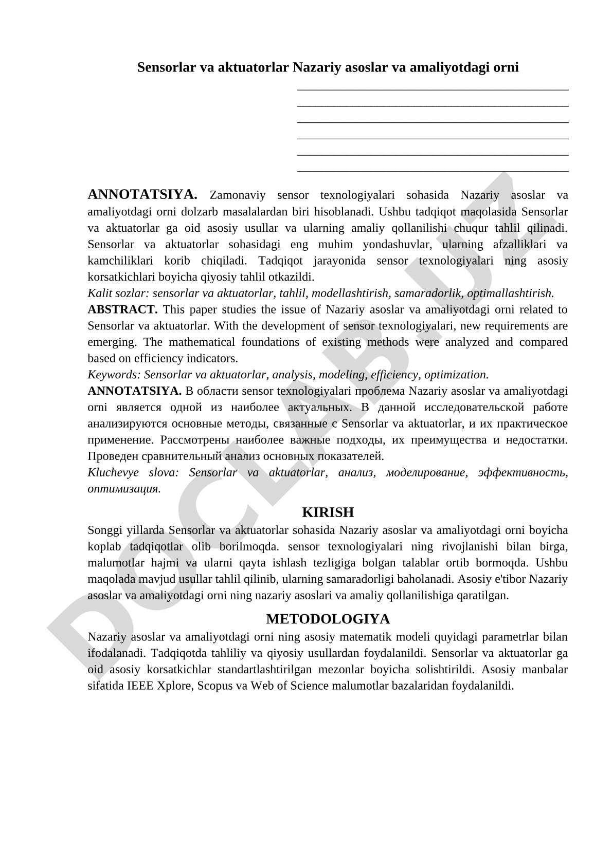 Sensorlar va aktuatorlar Nazariy asoslar va amaliyotdagi orni